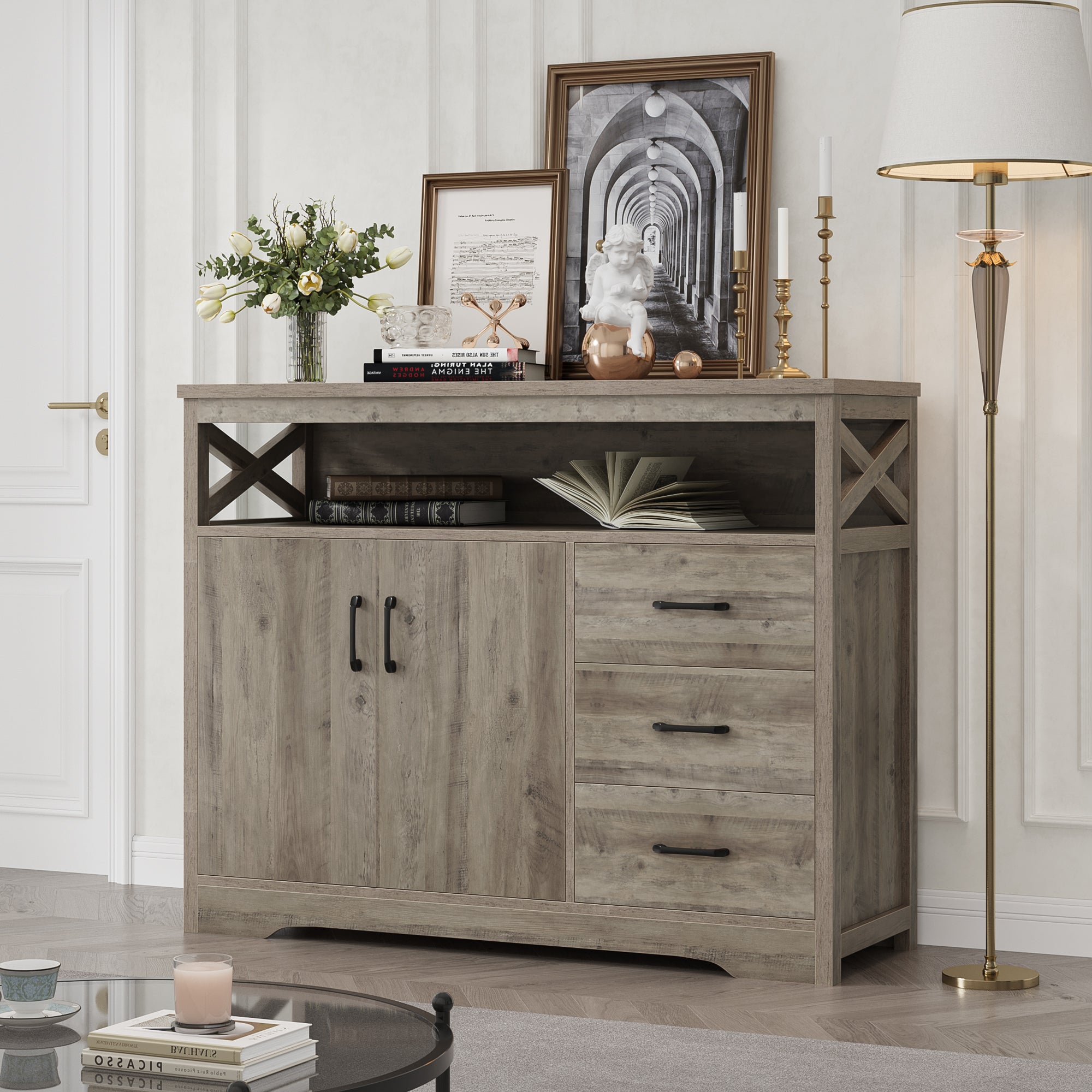 Hiphuta 47.2” Wide Buffet Sideboard, Farmhouse 3 Drawer Credenza Cabinet with 2 Doors, Ash Gray