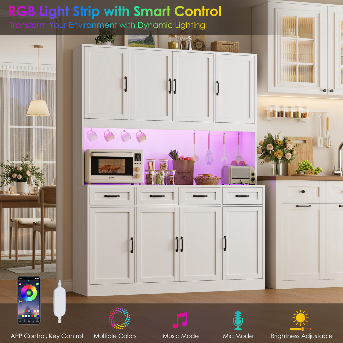 Hiphuta 59" Wide Kitchen Pantry Cabinet with 8 Doors and 4 Drawers, Extra Large Hutch Cabinet with RGB LED and Charging Station, Coffee Bar with 4 Adjustable Shelves, White
