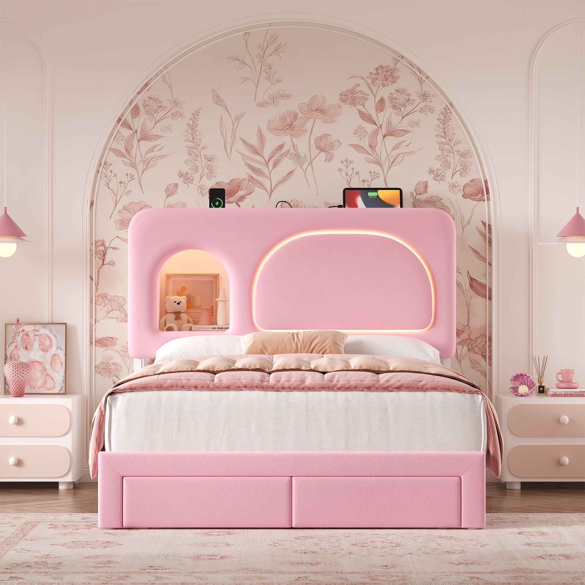 Hiphuta Queen Size Bed Frame with RGB LED and Power Outlets, Velvet Upholstered Platform Bed with Drawers and Side Storage, Pink