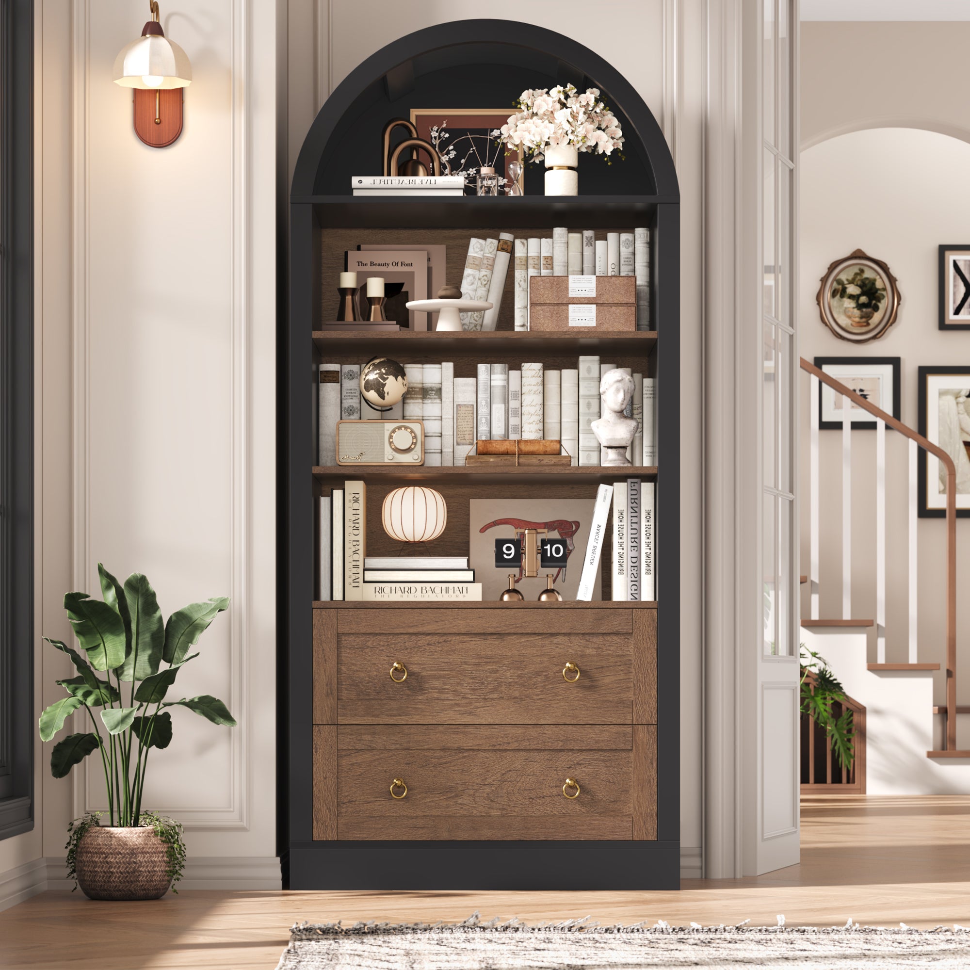 Hiphuta 70"Tall Arched Bookshelf, 4-Tier Bookcase with 2 Large Drawers, Wooden Display Shelf with Storage for Living Room Home Office, Black & Oak