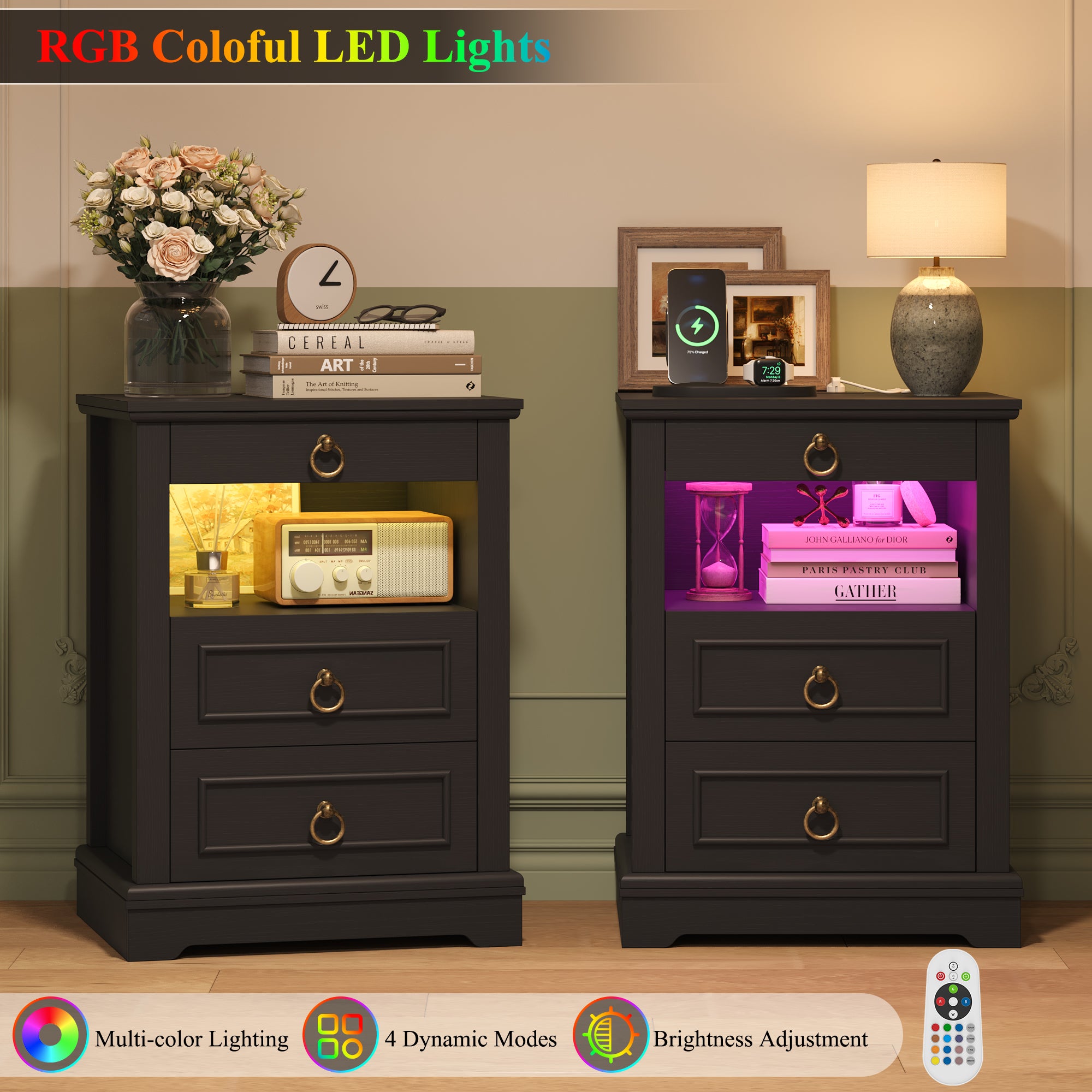 Hiphuta RGB LED Nightstands Set of 2, 3-Drawer Sofa Tables with Charging Station and Retro Handles, for Bedroom Living Room, Black
