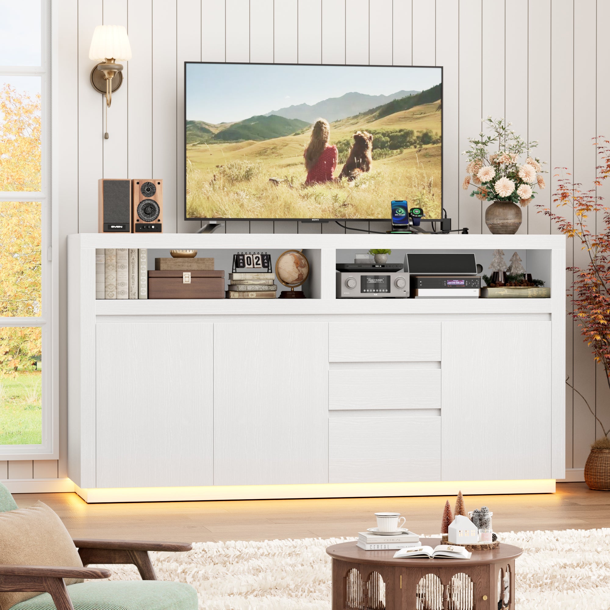 Hiphuta 63" Wide Farmhouse TV Stand Fits Up to 70 Inch TVs, Entertainment Center with RGB LED Lights, Wood Grain Media Console with Charging Station, White