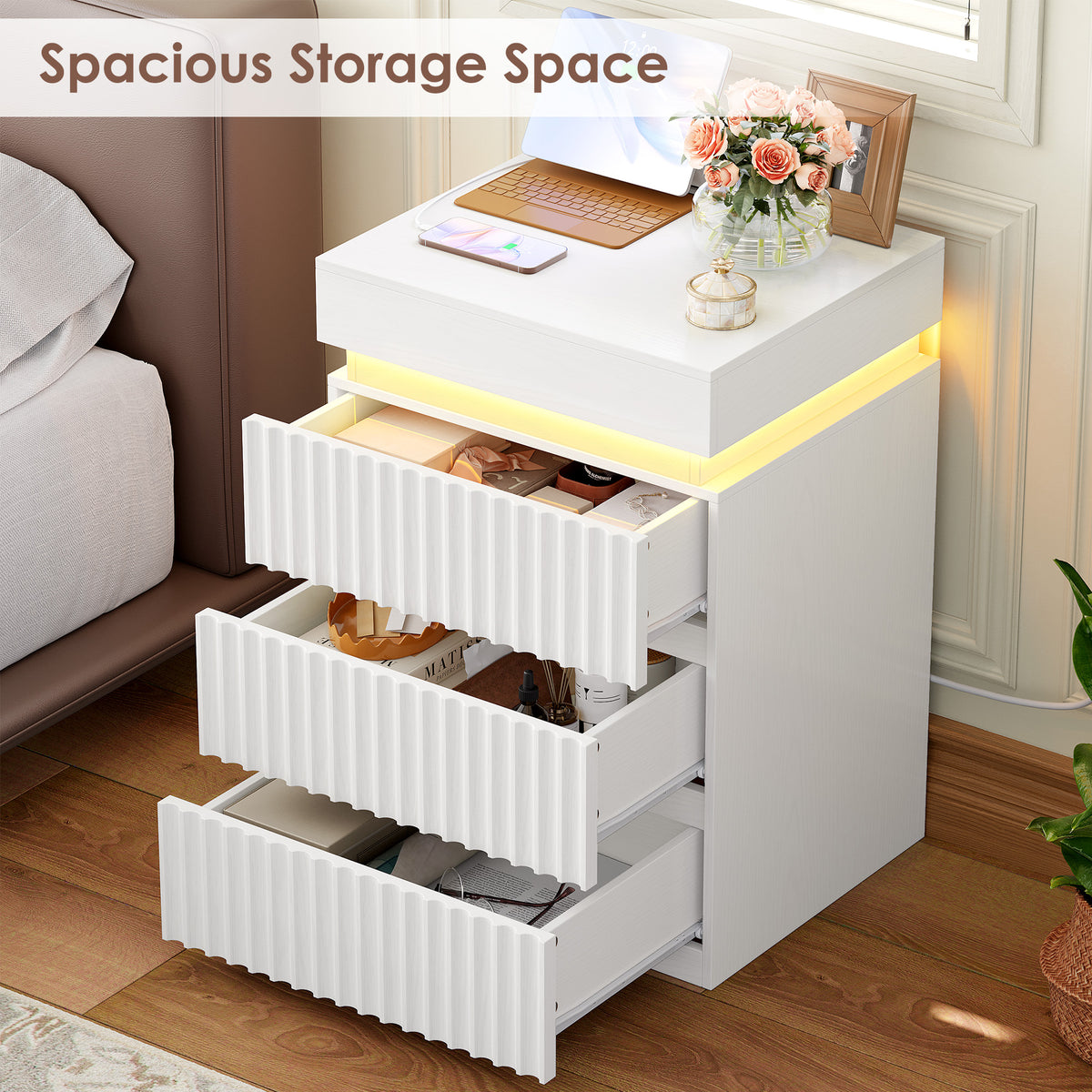 Hiphuta Set of 2 Bedside Table with Charging Station, Wood Nightstand End Table with 3 Drawers for Adult Bedroom Living Room, White