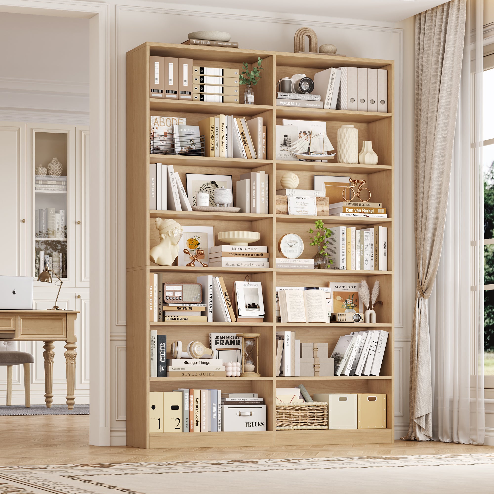 Hiphuta 83.6"H x 47.2"W Wood Double 7-Tier Standard Bookcase, Tall Bookcase for Bedroom, Living Room and Office, Freestanding Display Storage Shelves, Natural