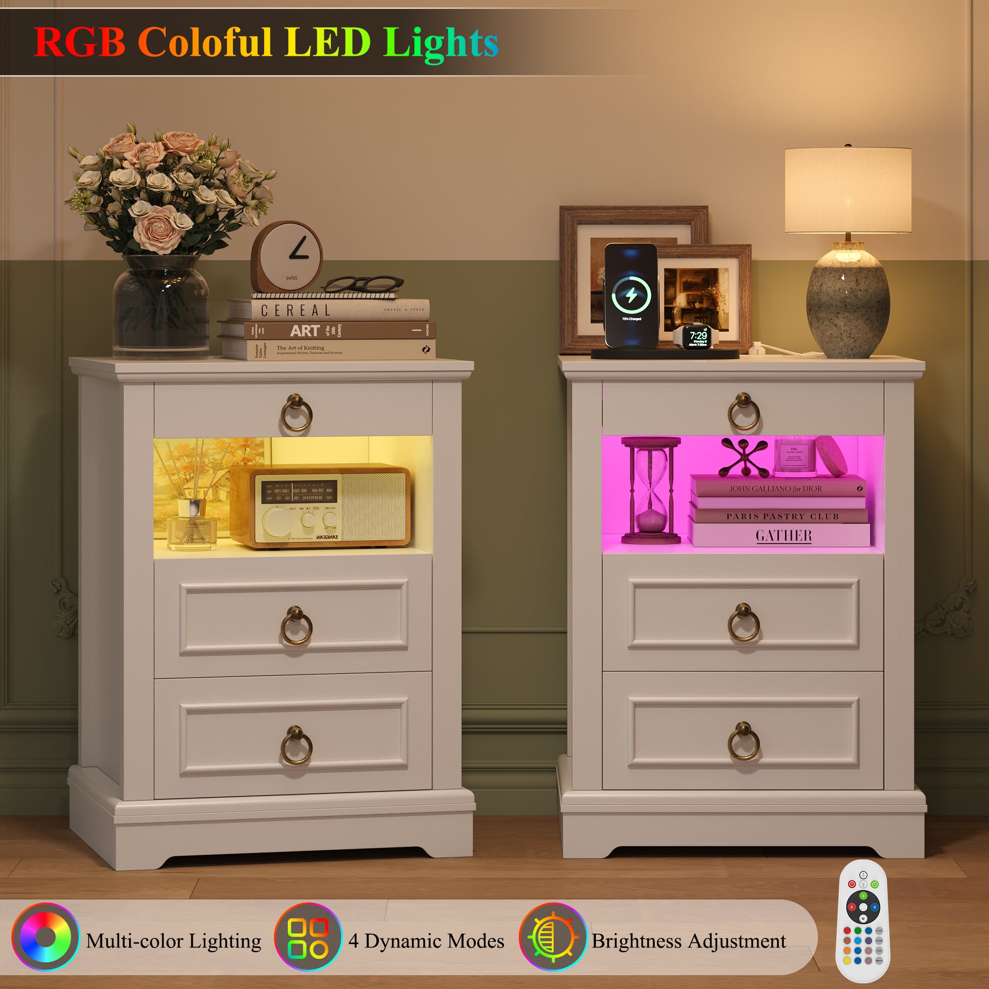 Hiphuta RGB LED Nightstands Set of 2, 3-Drawer Sofa Tables with Charging Station and Retro Handles, for Bedroom Living Room, White