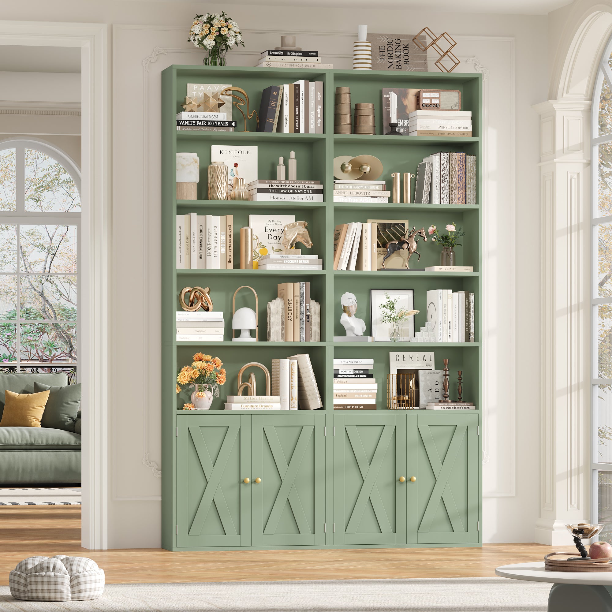 Hiphuta 81.5" Tall Bookcase with Doors, 5-Tier Bookshelves with Storage, 23.6"W Display Shelf with 2 Doors for Home Office, Living Room, Green