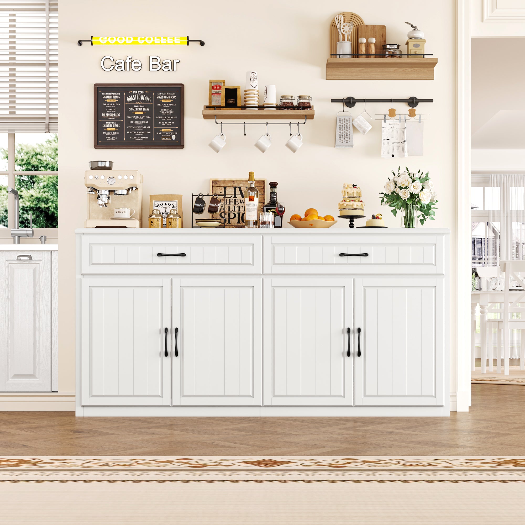 Hiphuta 53.7" Large Sideboard, Wooden Cabinet with 6 Drawers, Floor Cabinet Cupboard with Brown Top, White