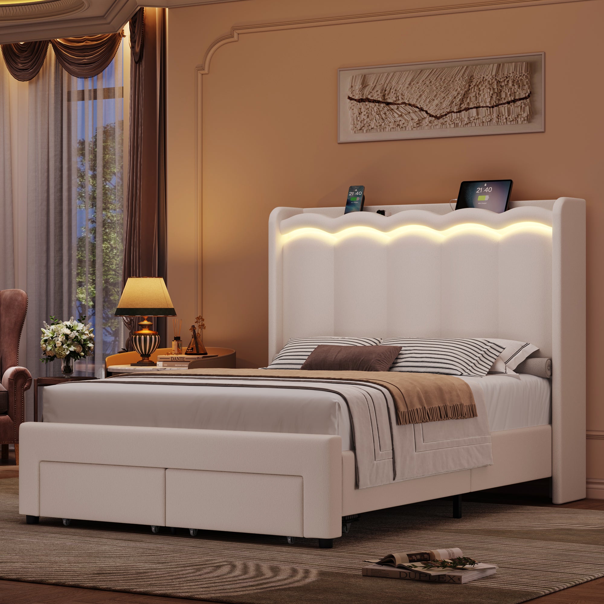 Hiphuta Full Size Bed with Power Outlet & LED, Upholstered Princess Beds with Drawer, Full Beds with Headboard Storage, Beige