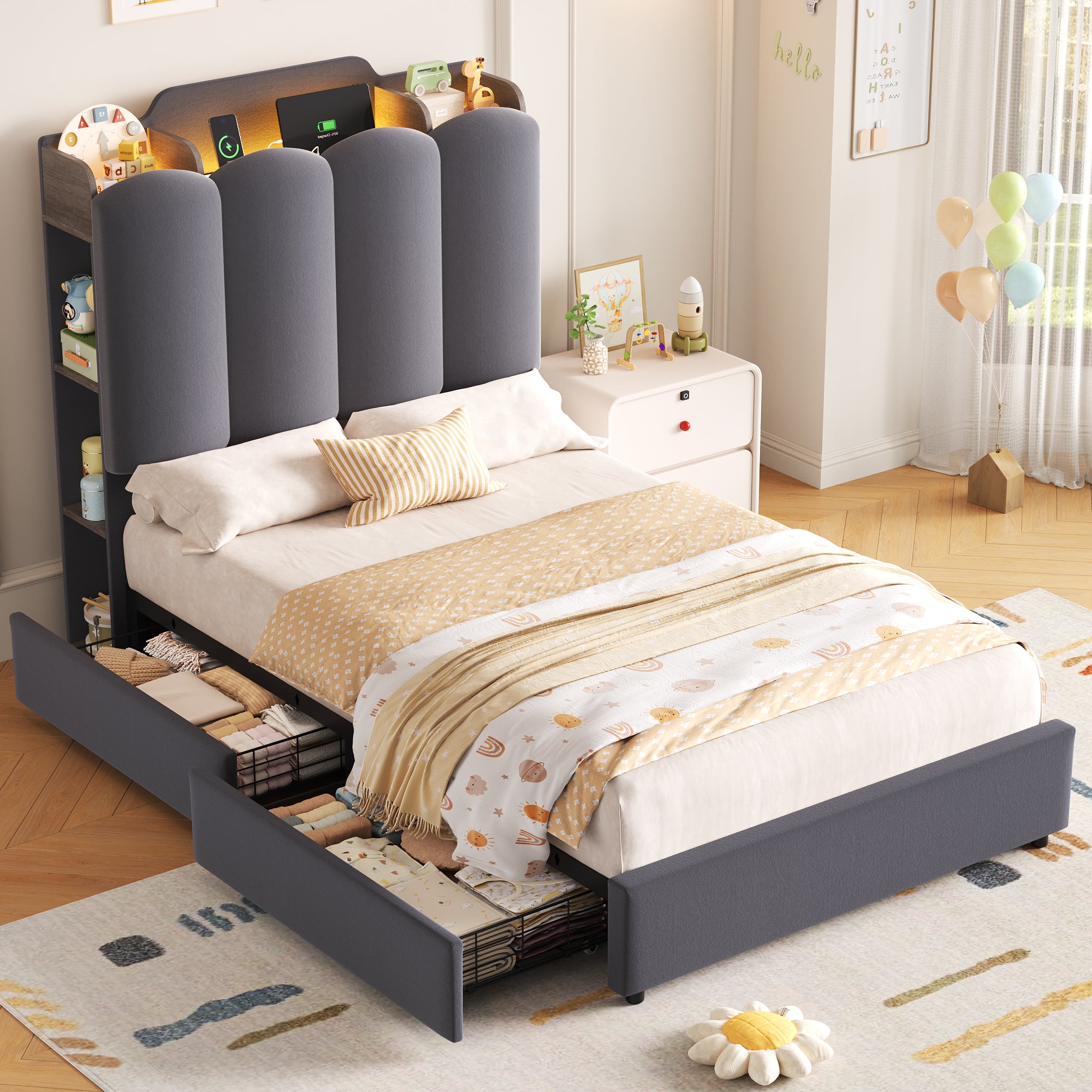 Hiphuta Twin Size Bed Frame with Upholstered Headboard, Led Bed with Storage Headboard, Gray
