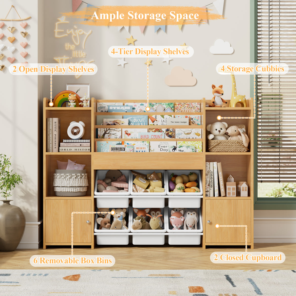 Hiphuta Kids Bookshelf with Toy Storage Organizer, Wood Bookcase Toy Organizer with 6 Removable Bins, Book Shelf for Kids Bedroom Playroom, Natural