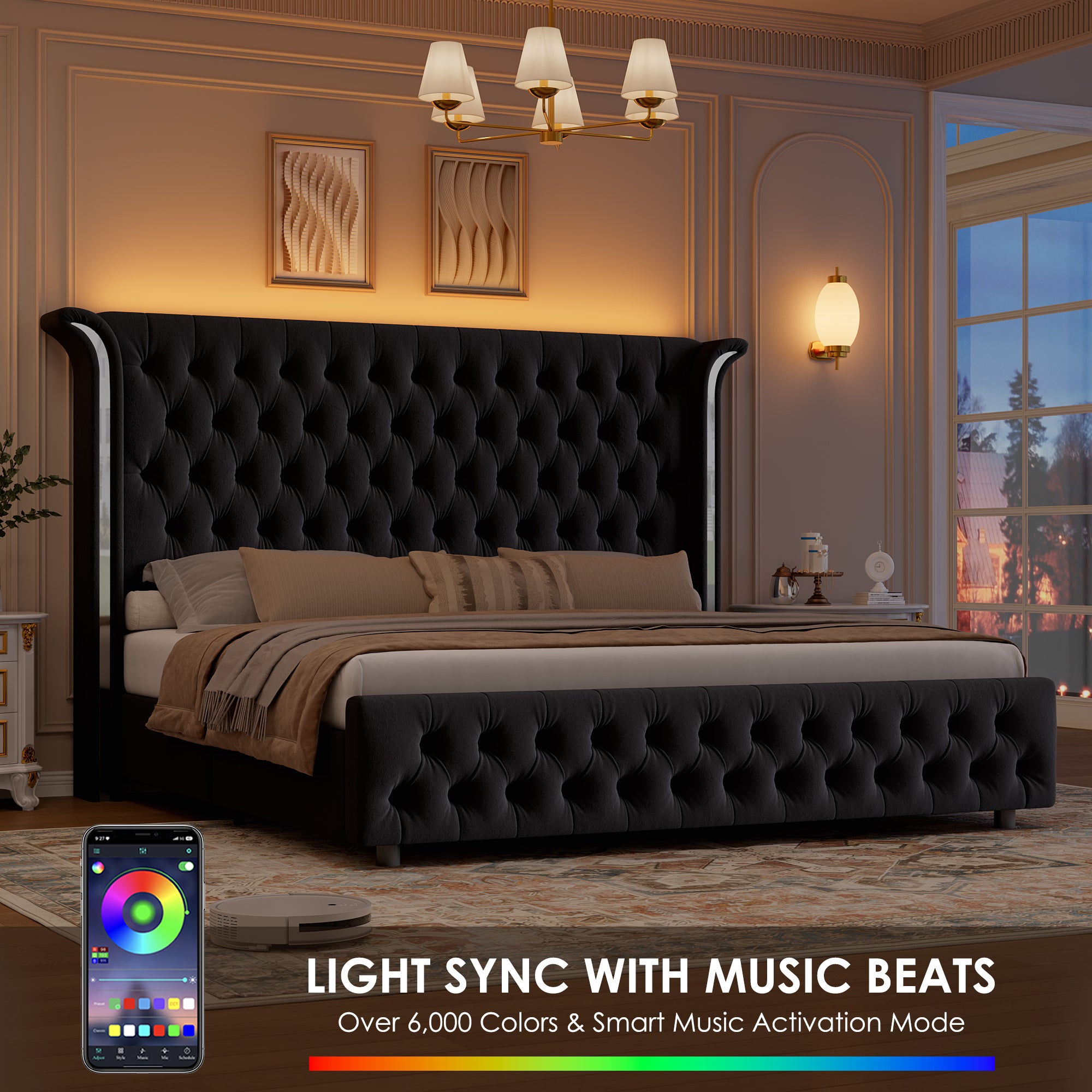 Hiphuta Queen Bed with LED Light, Cama Queen Platform Bed with Button Tufted Velvet Upholstered Headboard, Black