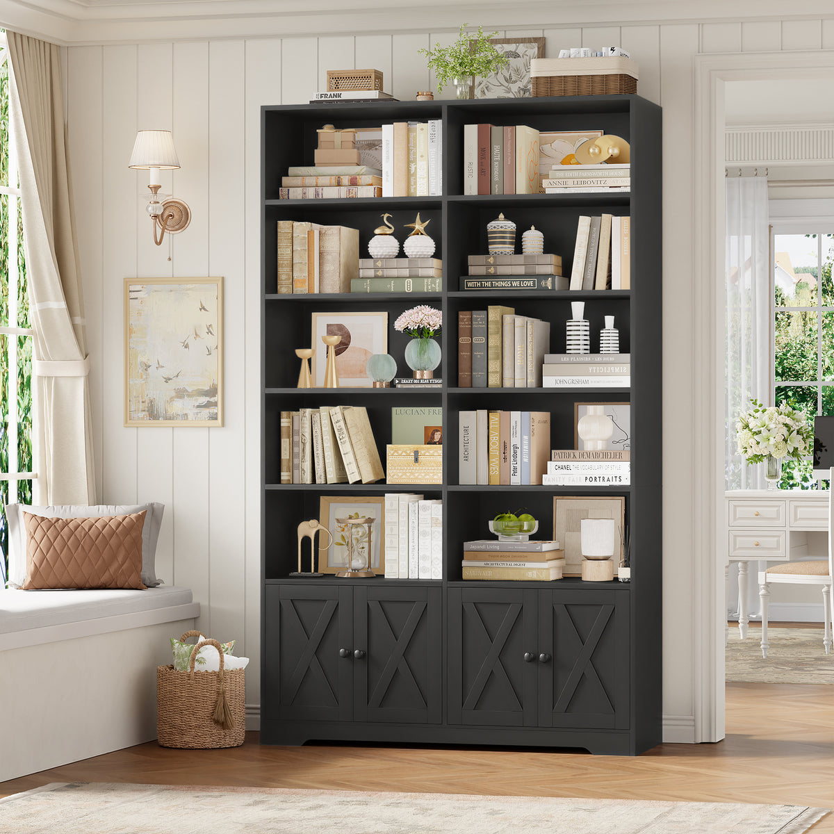 Hiphuta 78"H x 47"W Bookcase with Doors, Tall Bookshelves with Storage, 5-Tier Shelves Freestanding Display Bookcase for Home Office and Living Room, Black