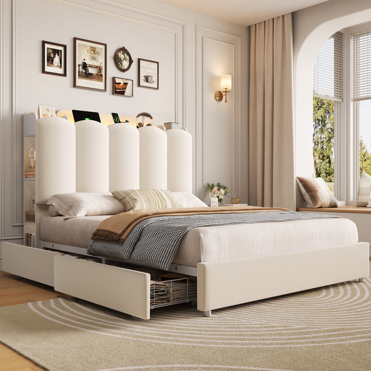 Hiphuta Queen Size Bed Frame with Storage Headboard and Side Storage Shelves, Upholstered LED Platform Bed with 2 Drawers and Charging Station, White