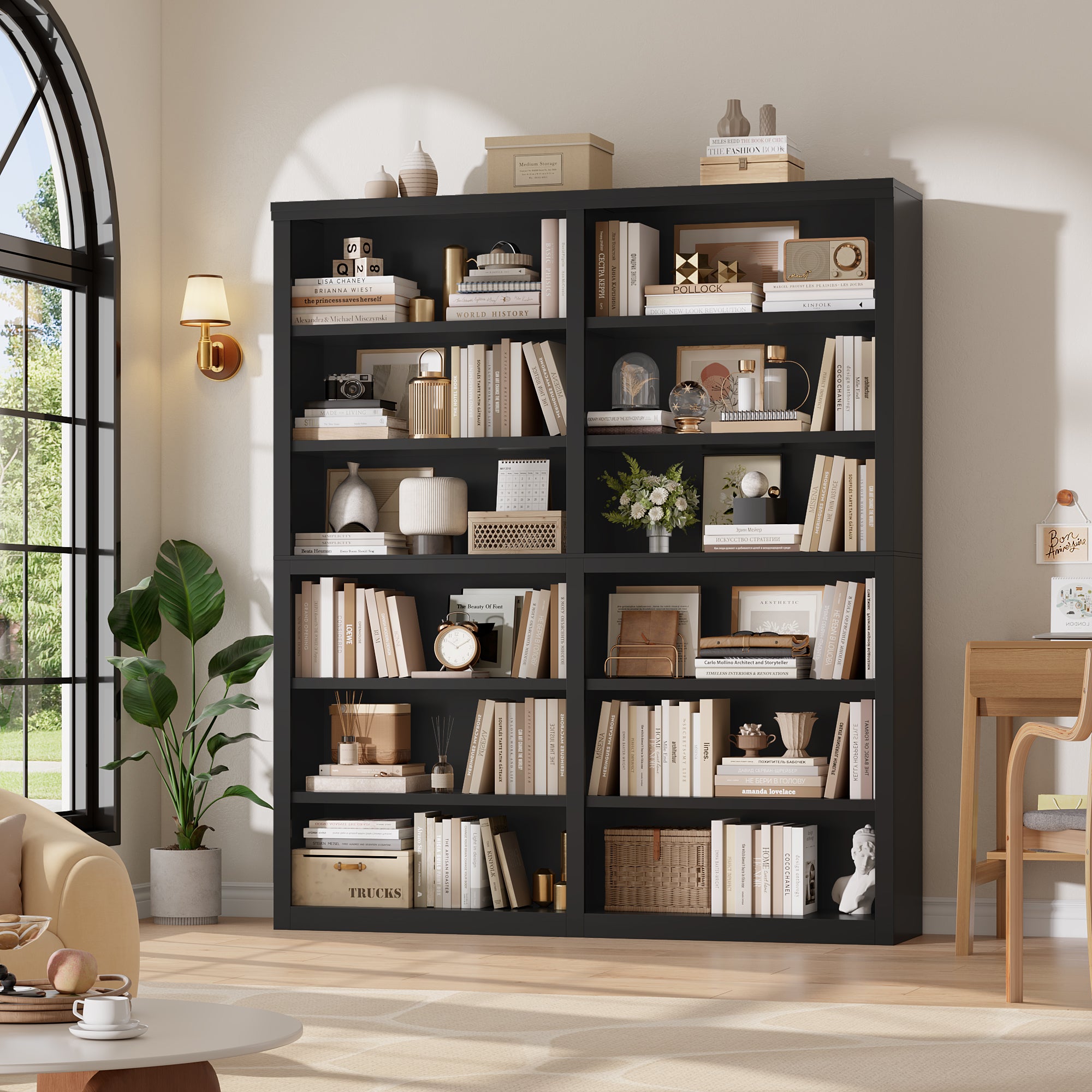 Hiphuta 63"W Extra Large and Sturdy Bookcase, Double Wide 6-Tier Bookshelf, Tall Bookcase for Home Office and Living Room, Wooden Freestanding Display Shelf, Black