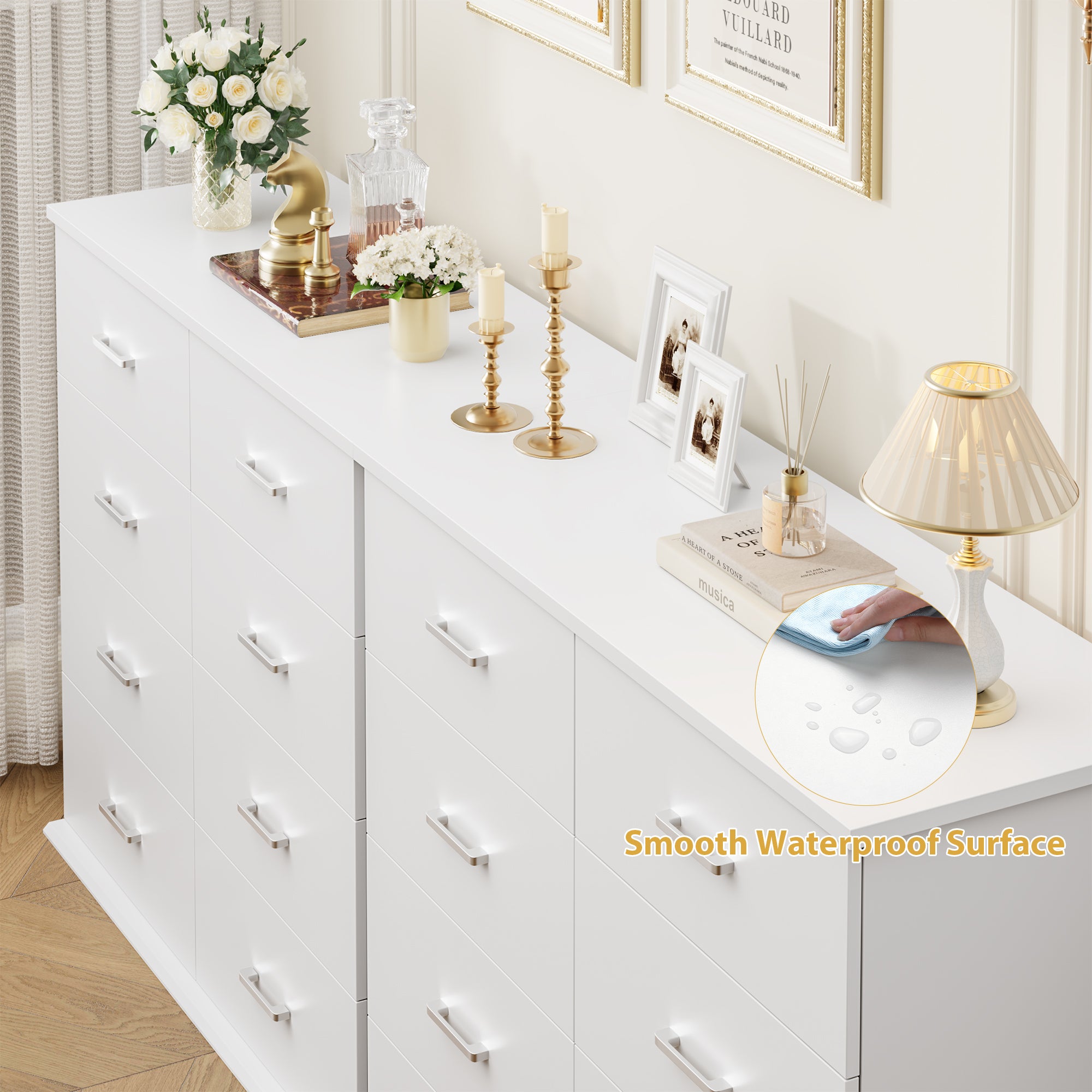 Hiphuta Modern 8 Drawer Dresser for Bedroom with Metal Handle, Large Double Dresser Organizer, Wood Chest of Drawers, White