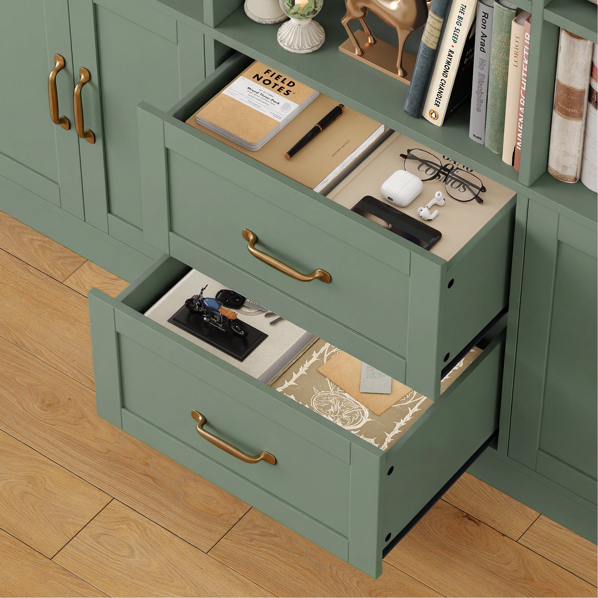 Triple Row 4-tier Bookcase, Large Bookcase with 4 Doors and 2 Drawers, Modern Minimalist Bookcase for Office Living Room, Green