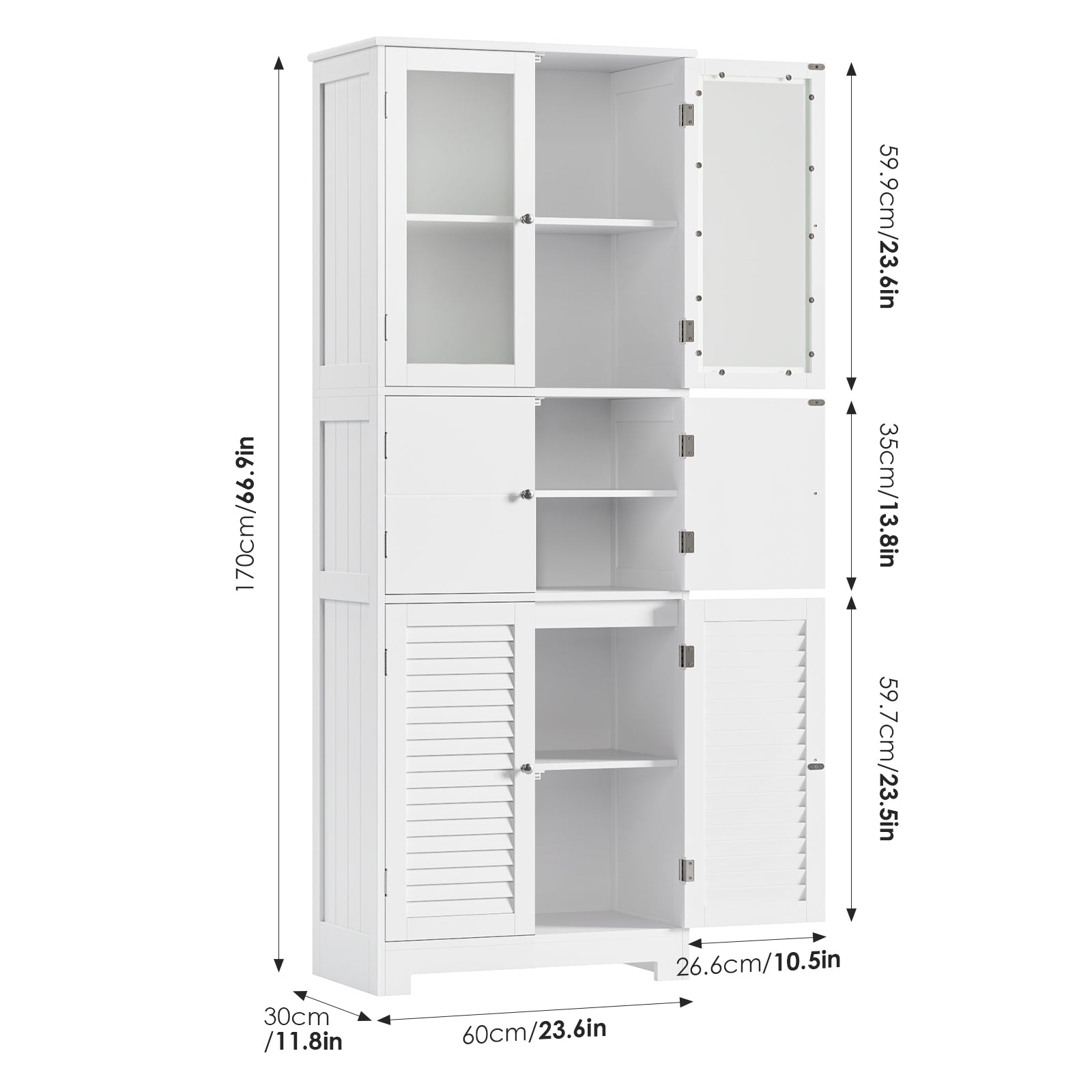 Hiphuta 67"H Bathroom Storage Cabinet with Drawer, 6 Doors Modern Freestanding Cupboard, White