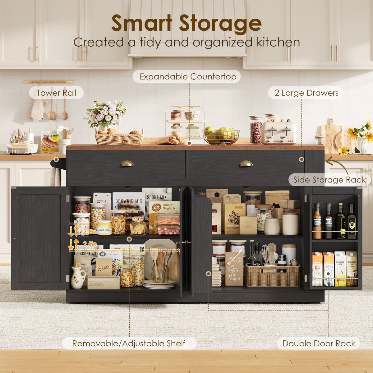 Hiphuta 63" Large Kitchen Island Cart with Storage, Rolling Island Table with Adjustable Shelves and 4 Drawers, Movable Buffet Cabinet for Dining room, Black
