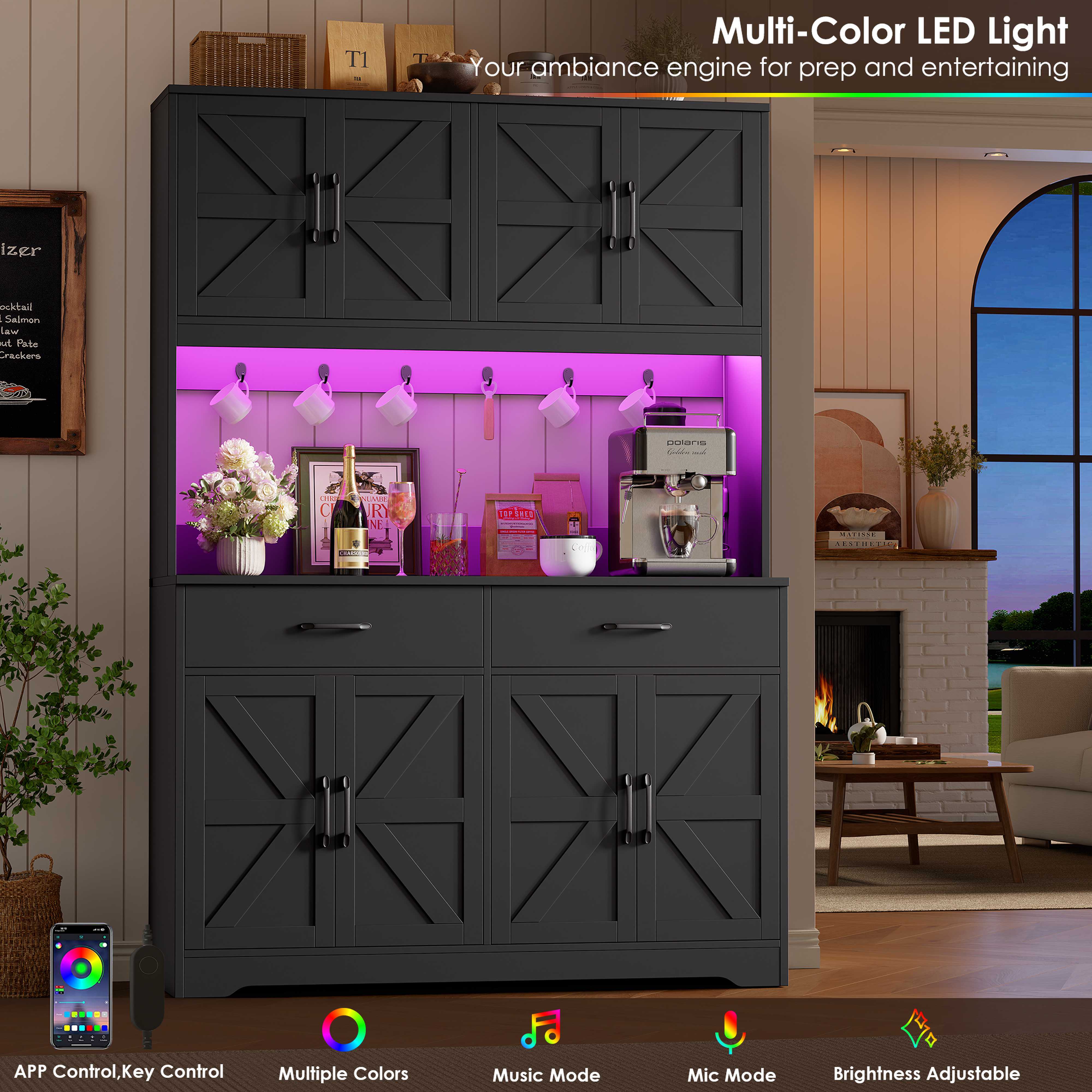 Hiphuta 71" Tall Kitchen Pantry Storage Cabinet with RGB LED and 6 Metal Hooks, Farmhouse Coffee Bar Cabinet with Charging Station, Buffet with Hutch and Microwave Stand, Black