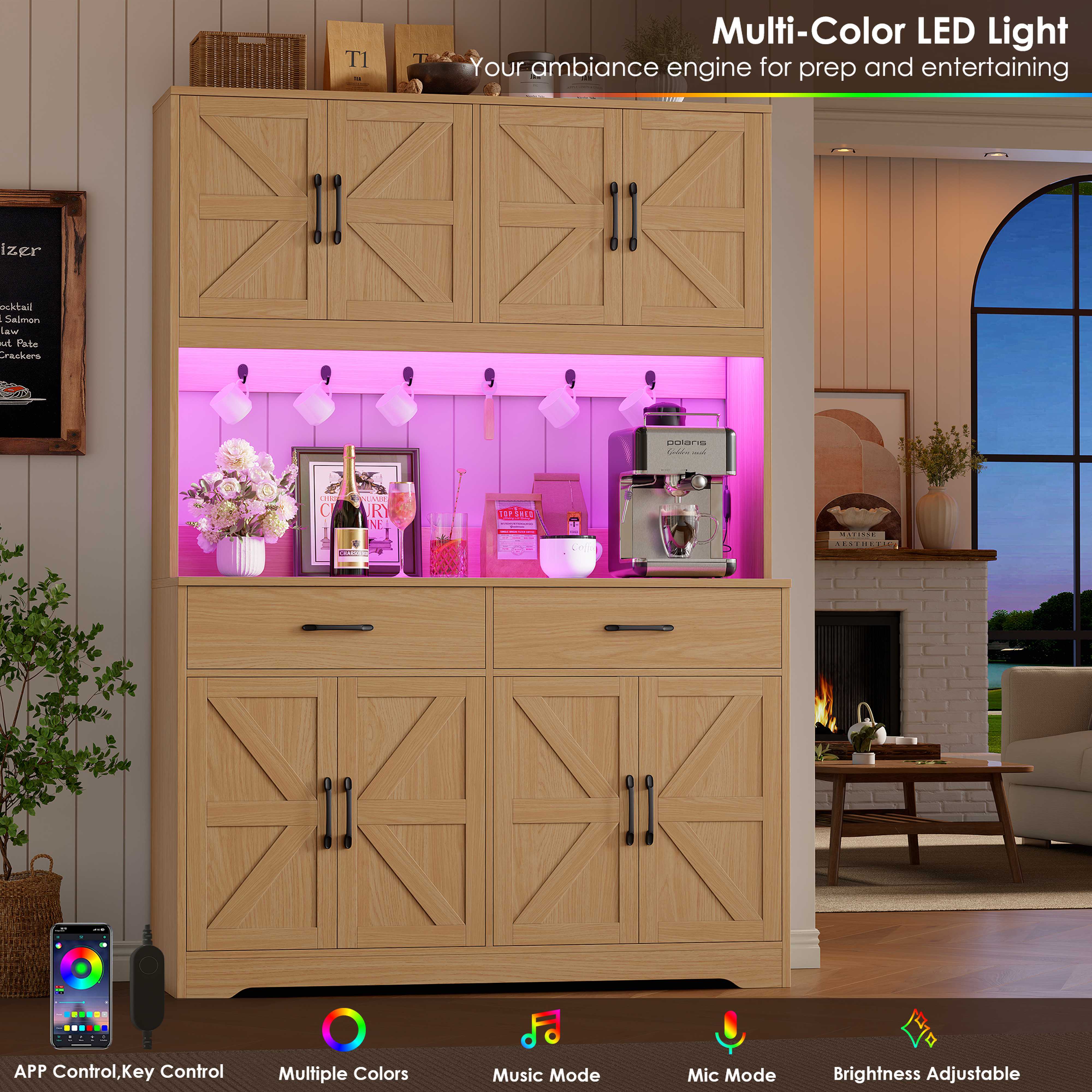 Hiphuta 71" Tall Kitchen Pantry Storage Cabinet with RGB LED and 6 Metal Hooks, Farmhouse Coffee Bar Cabinet with Charging Station, Buffet with Hutch and Microwave Stand, Light Oak