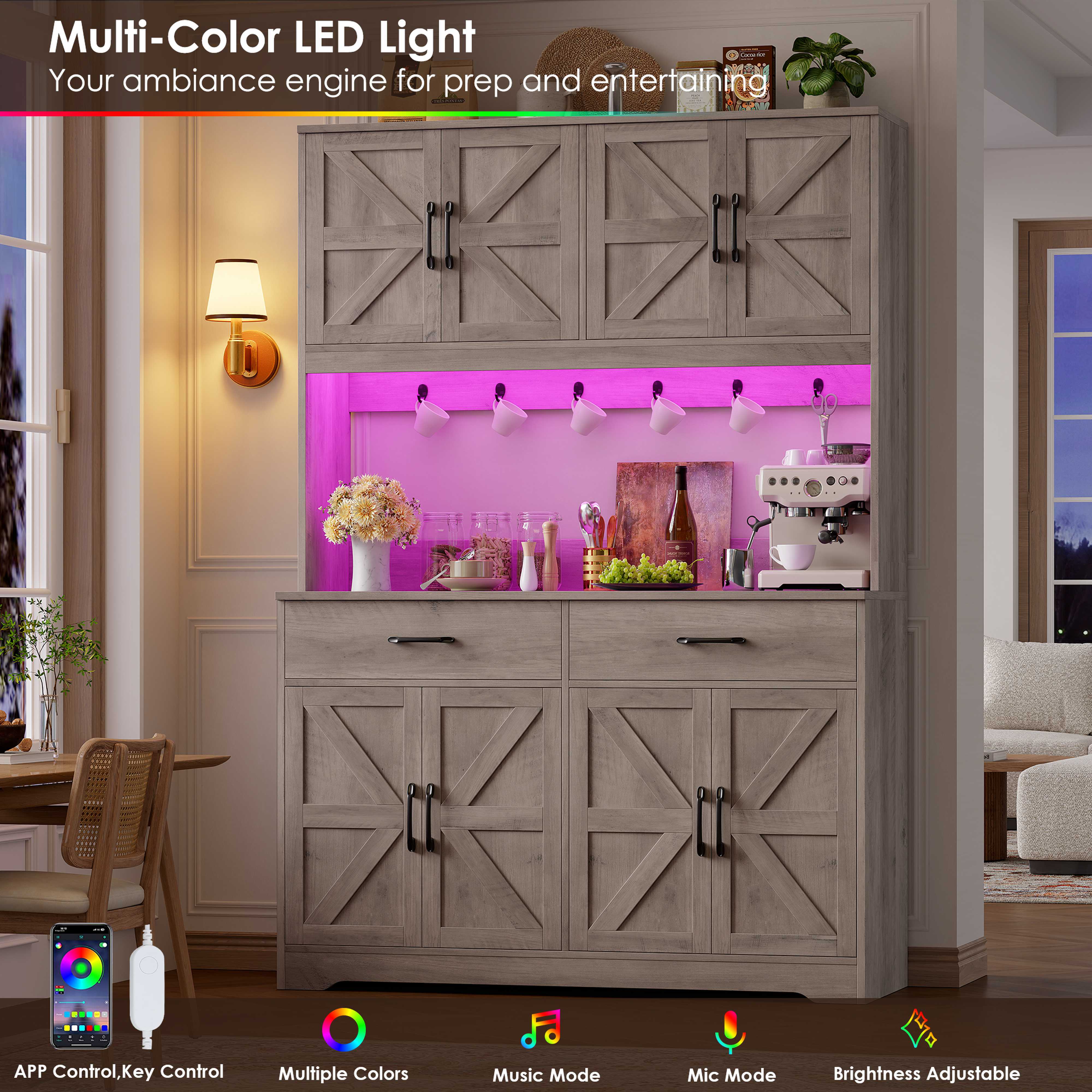 Hiphuta 71" Tall Kitchen Pantry Storage Cabinet with RGB LED and 6 Metal Hooks, Farmhouse Coffee Bar Cabinet with Charging Station, Buffet with Hutch and Microwave Stand, Gray