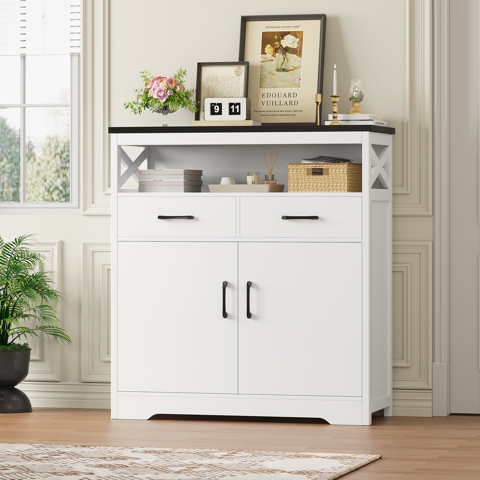 Hiphuta Modern Farmhouse Buffet Sideboard, Wood Cabinet with Shelves, Doors & 2 Drawers, Coffee Bar, Floor Cabinet Cupboard for Living Room, White