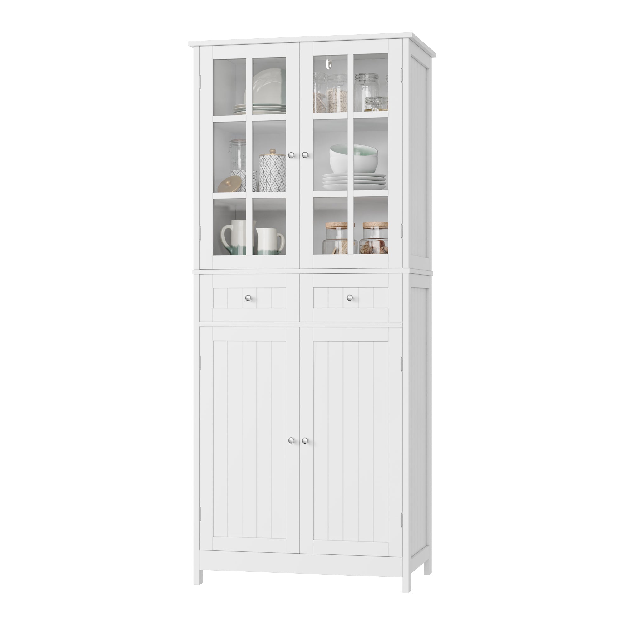 Hiphuta 71''H Kitchen Pantry Cabinet with Glass Doors, Storage for Dining Room Living Room, White