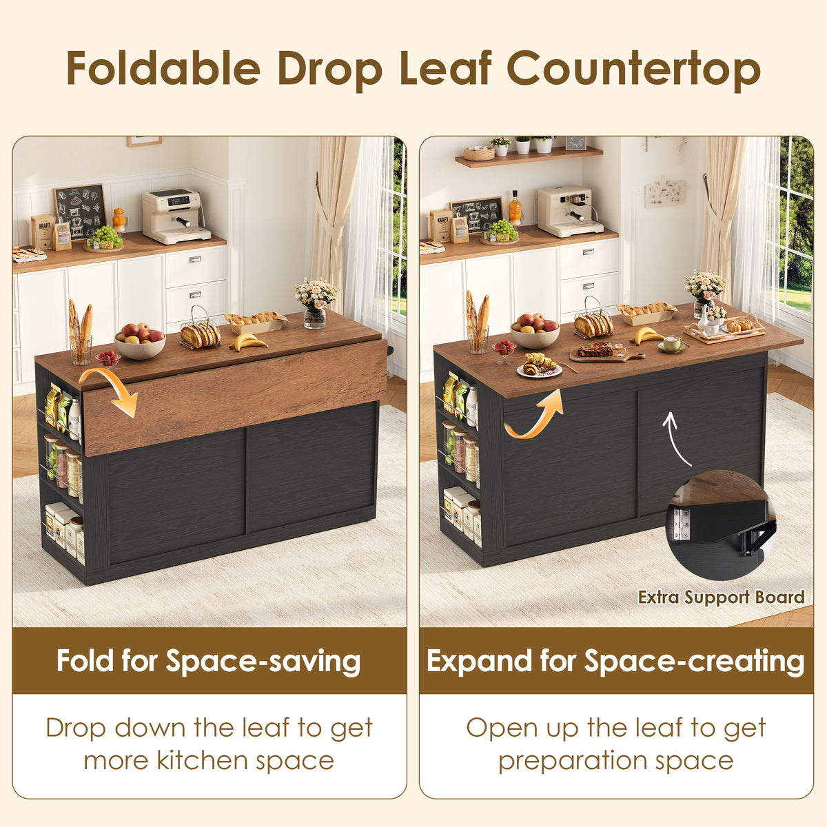 Hiphuta 63" Large Kitchen Island Cart with Storage, Rolling Island Table with Adjustable Shelves and 4 Drawers, Movable Buffet Cabinet for Dining room, Black