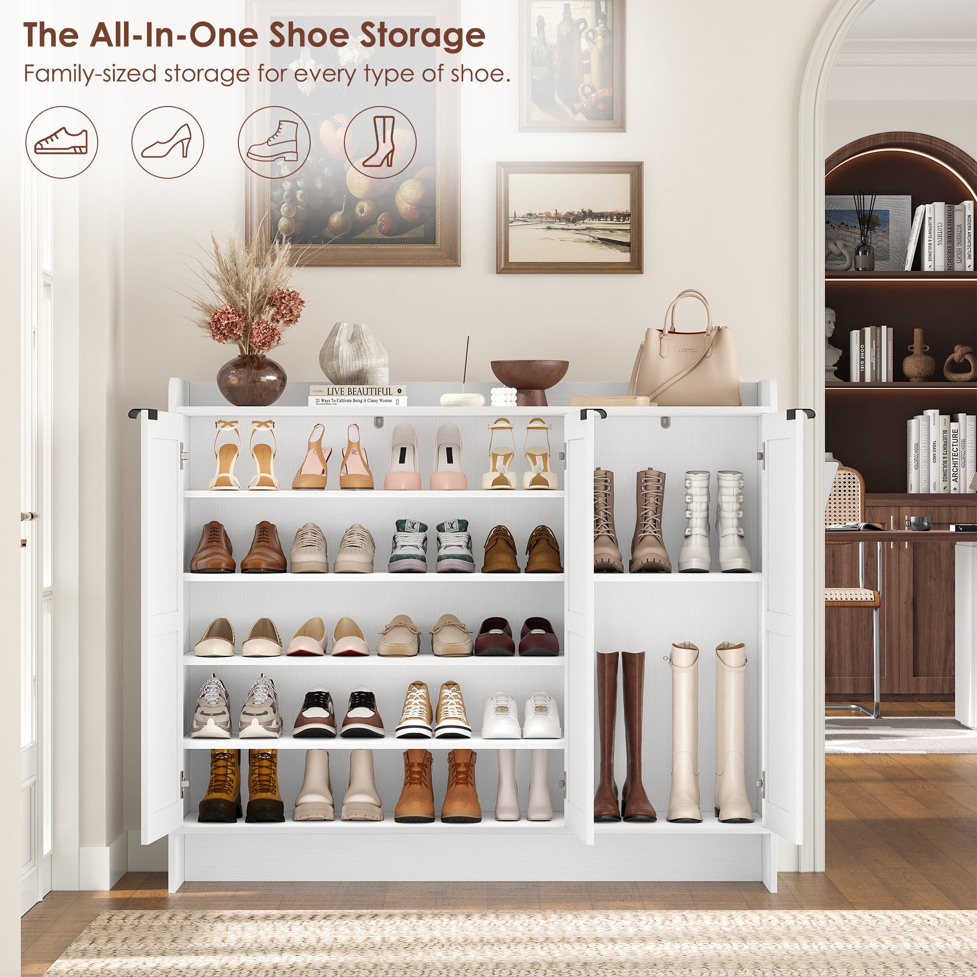 Hiphuta 6 Tiers Shoe Cabinet with Doors, Modern Minimalist Shoe Organizer for Entryway, White