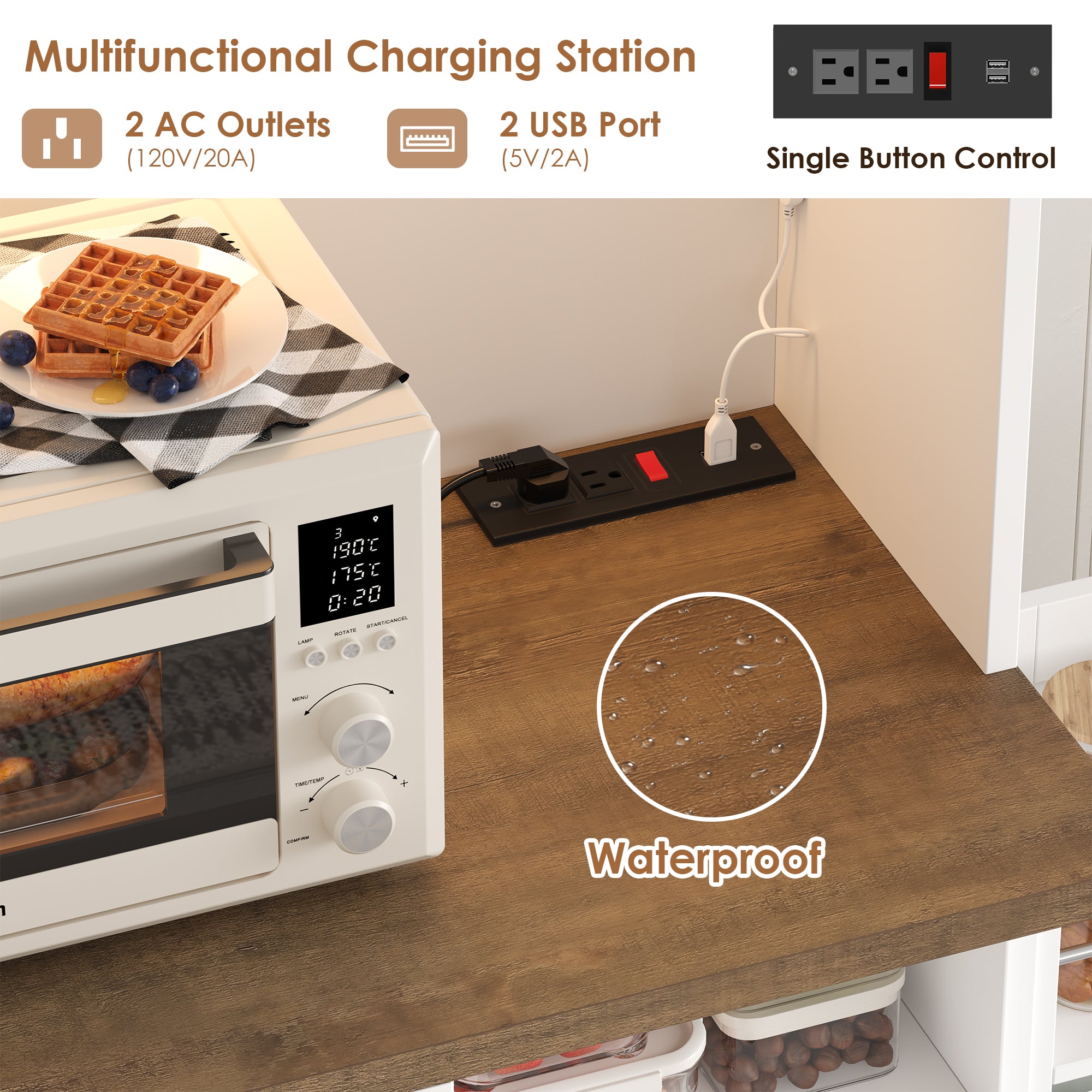 Hiphuta 71”Tall Modern Pantry Cabinet with Power Outlet & LED, Freestanding Kitchen Hutch Cabinet for Dining Room, White