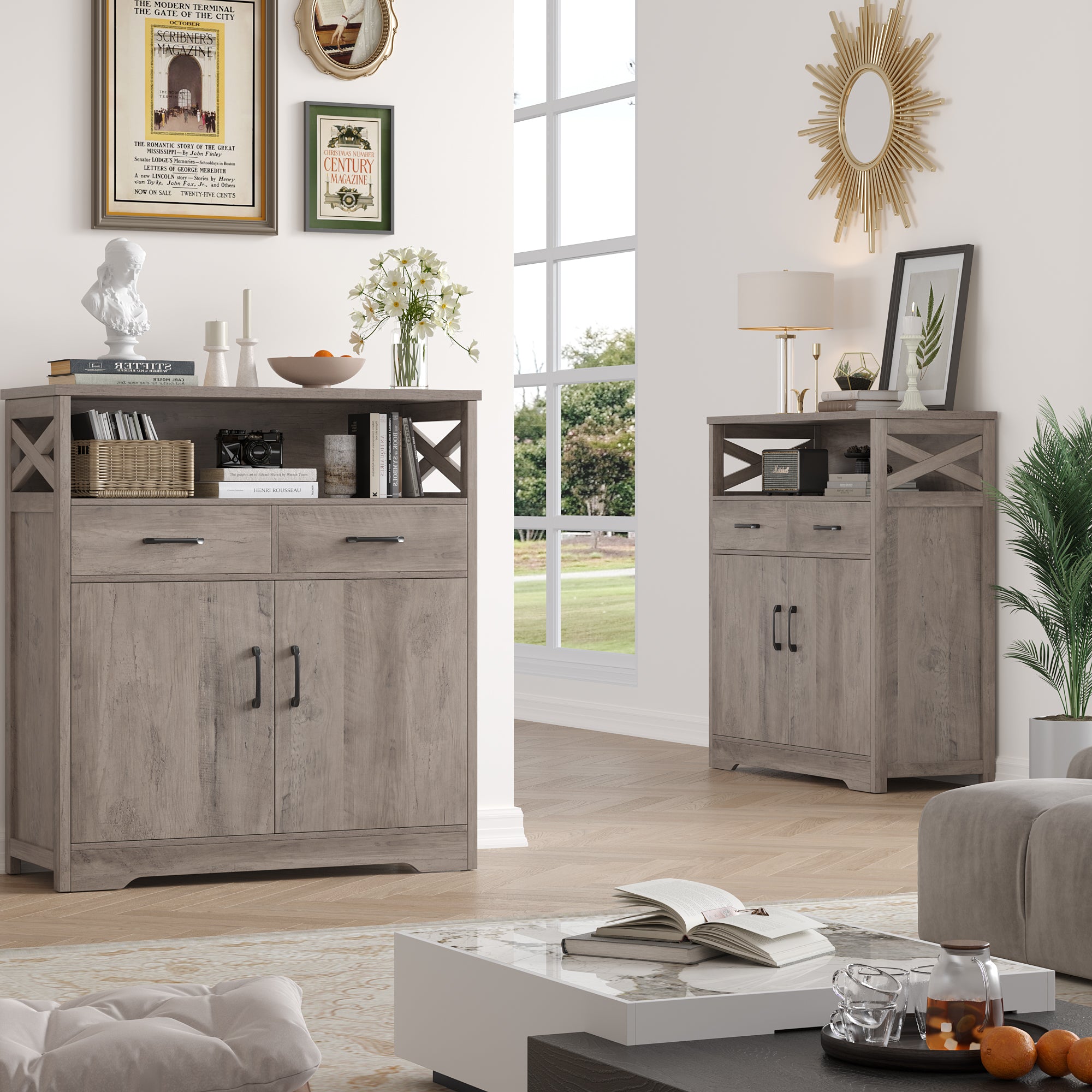 Hiphuta Modern Farmhouse Buffet Sideboard, Wood Cabinet with Shelves, Doors & 2 Drawers, Coffee Bar, Floor Cabinet Cupboard for Living Room, Ash Gray