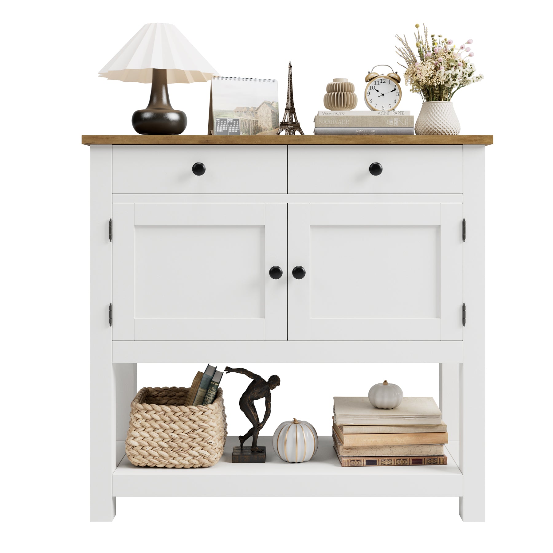 Hiphuta Farmhouse Console Table with 2 Drawers and Cabinet for Entryway Living Room, White