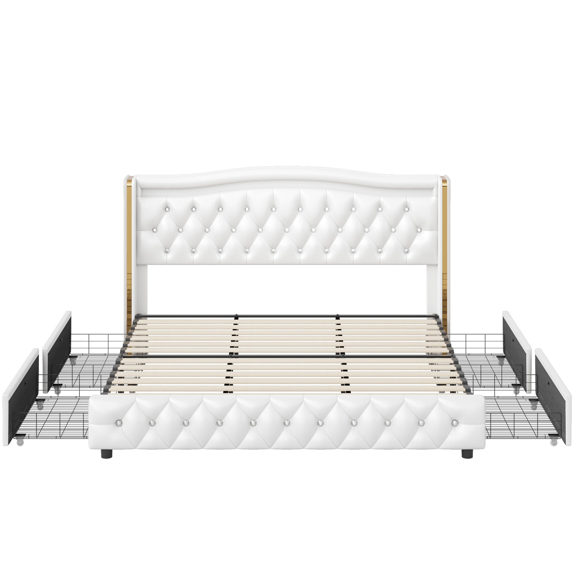 Hiphuta King Platform Bed Frame with 4 Storage Drawers, Crystal Button-Tufted Wingback Headboard, Modern PU Upholstered, White