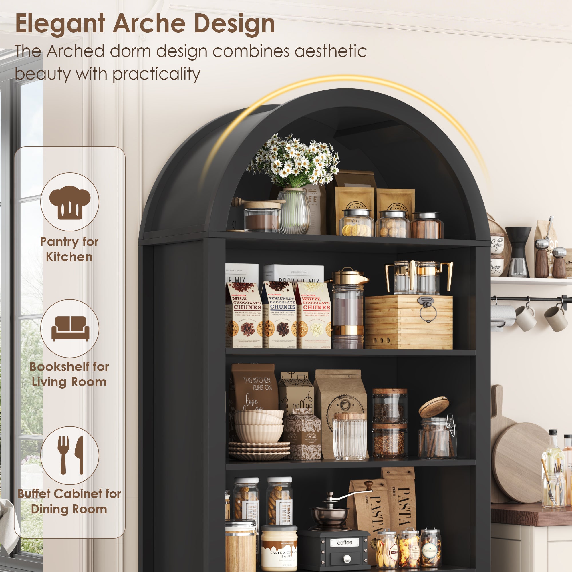 Hiphuta 70” Tall Arched Kitchen Pantry Storage Cabinet with 2 Large Drawers and 4 Open Shelves, Freestanding Modern Farmhouse Versatile Hutch Cupboard for Dining Room, Black