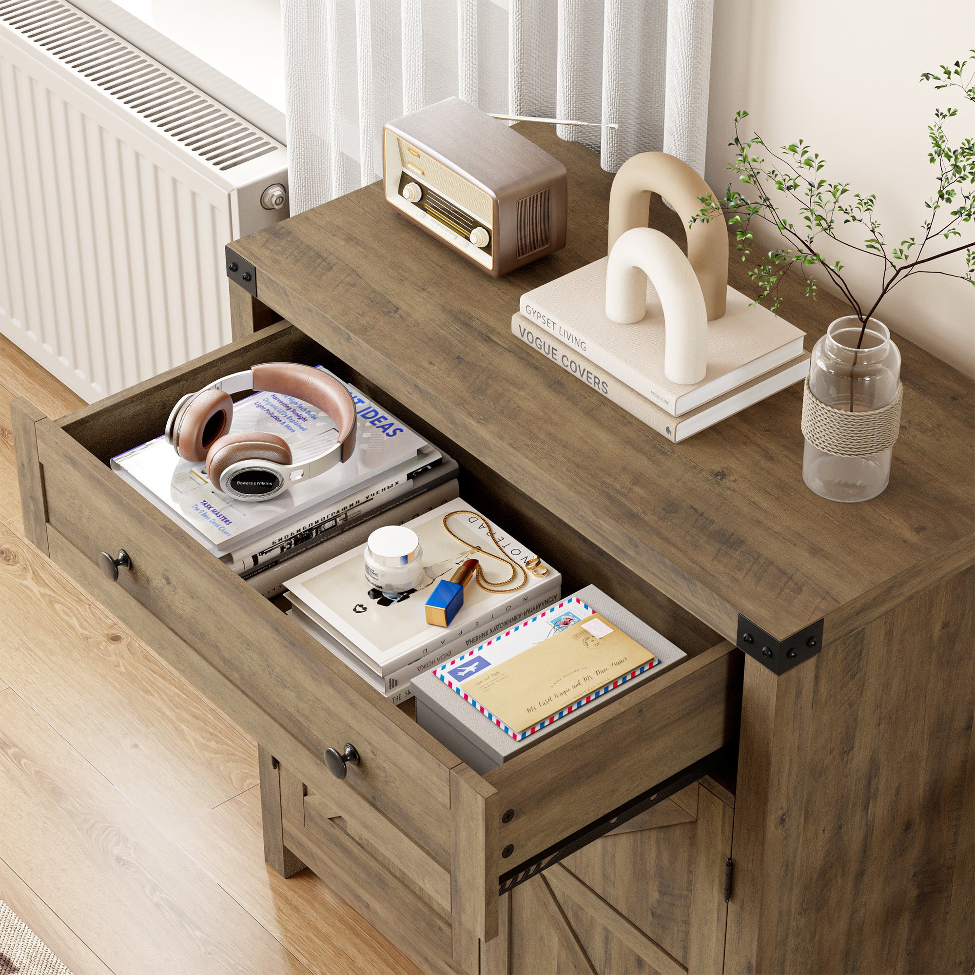 Hiphuta Accent Cabinet with Drawer, Farmhouse Storage Cabinet for Living Room, Rustic Brown