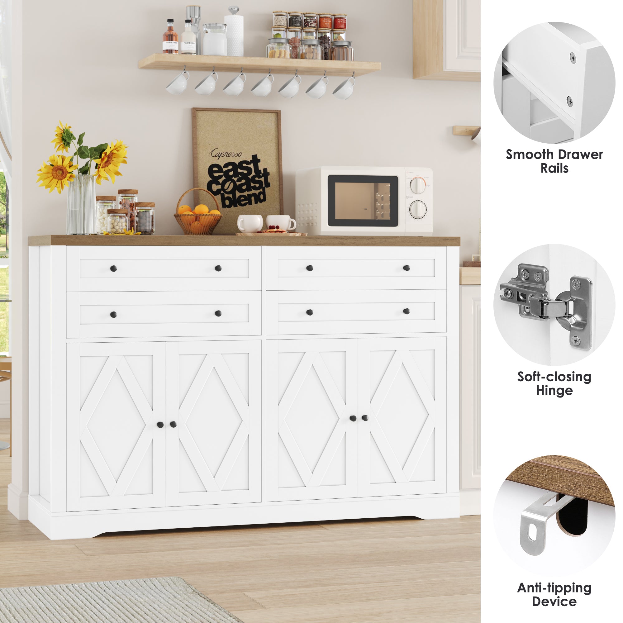 Hiphuta 55" Wide Farmhouse Buffet Storage Cabinets with 2 Adjustable Shelves & 4 Drawers for Living Room, White