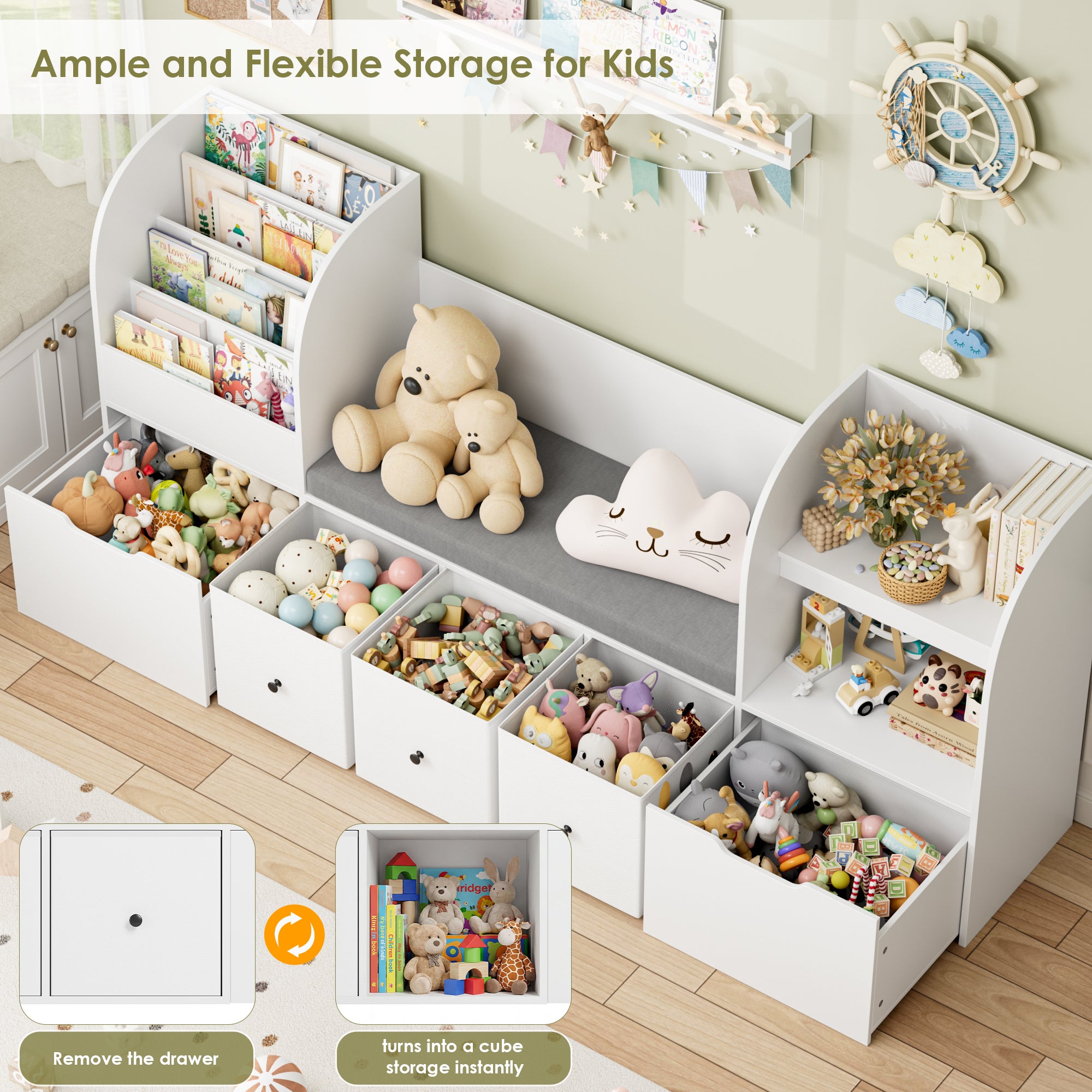 Hiphuta 71" Wide Kids Bookcase with Reading Nook, Large Toy Storage Organizer with 5 Drawers and Seat Cushion, White