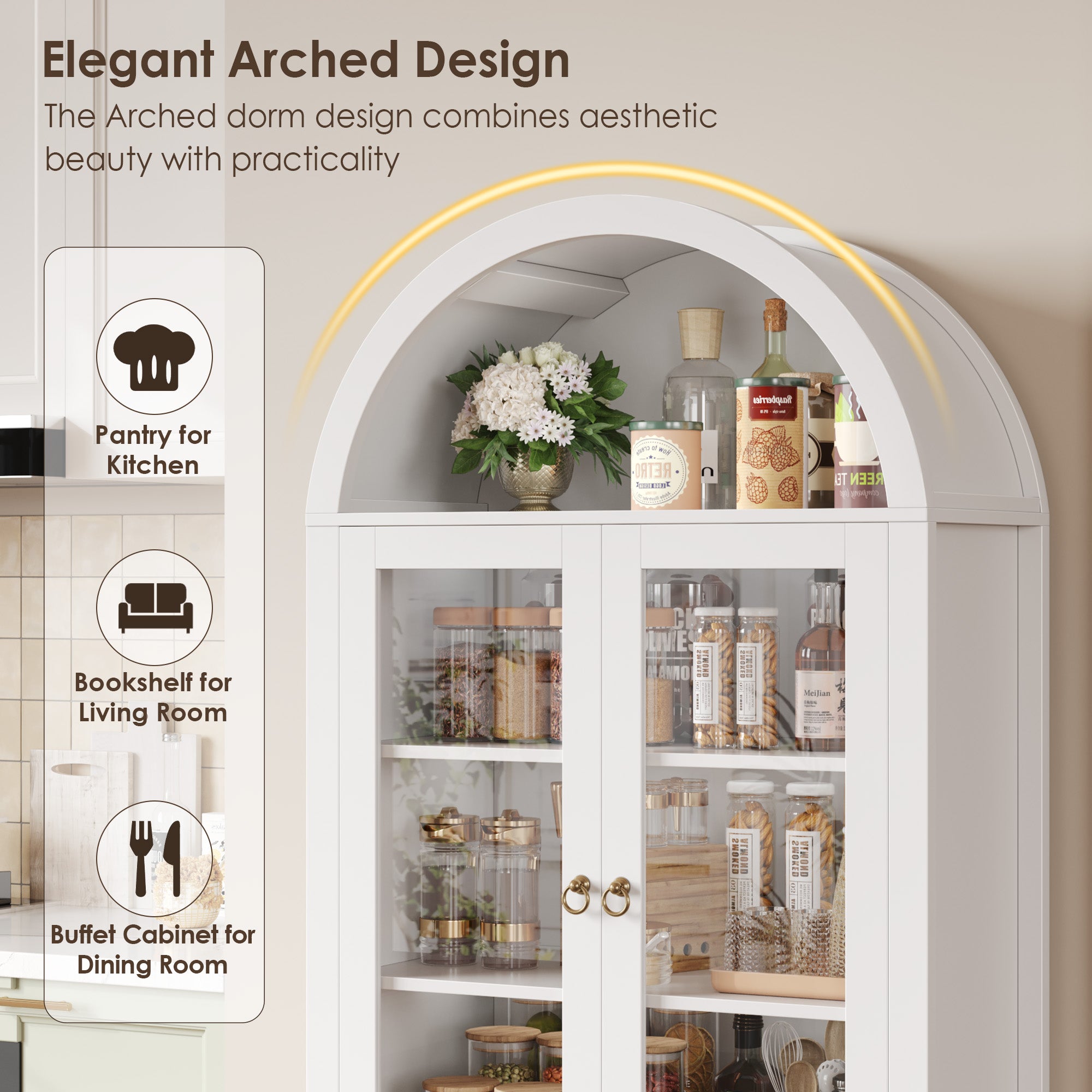 Hiphuta 70" Tall Arched Kitchen Pantry Storage Cabinet with 2 Large Drawers, Freestanding Modern Farmhouse Versatile Hutch Cupboard for Dining Room, White