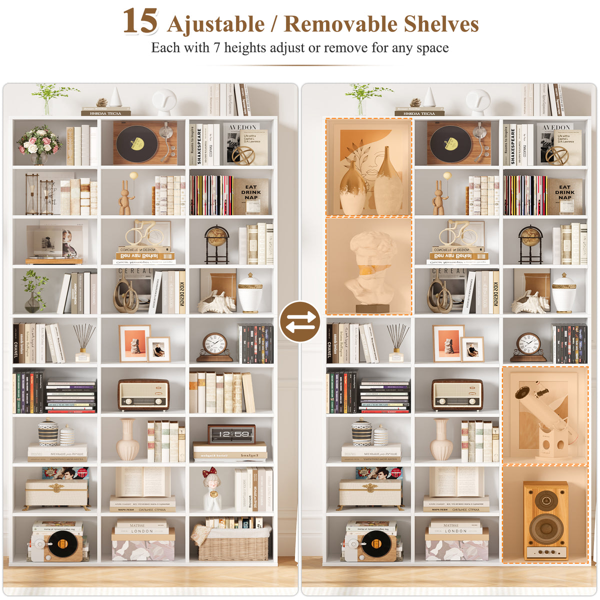 Hiphuta 27-Cube 9-Tier Bookcase, 75" Tall Triple-Wide CD Media Storage Organizer with 15 Adjustable Shelves, Large Cube Storage Organizer, White