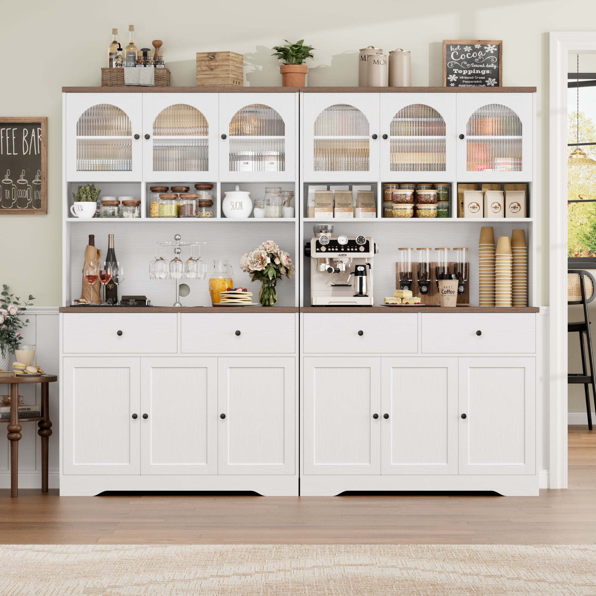 Hiphuta 71" Farmhouse Kitchen Pantry Storage Cabinet, Freestanding Hutch with Adjustable Shelves & Microwave Stand, Cupboard for Dining Room, White