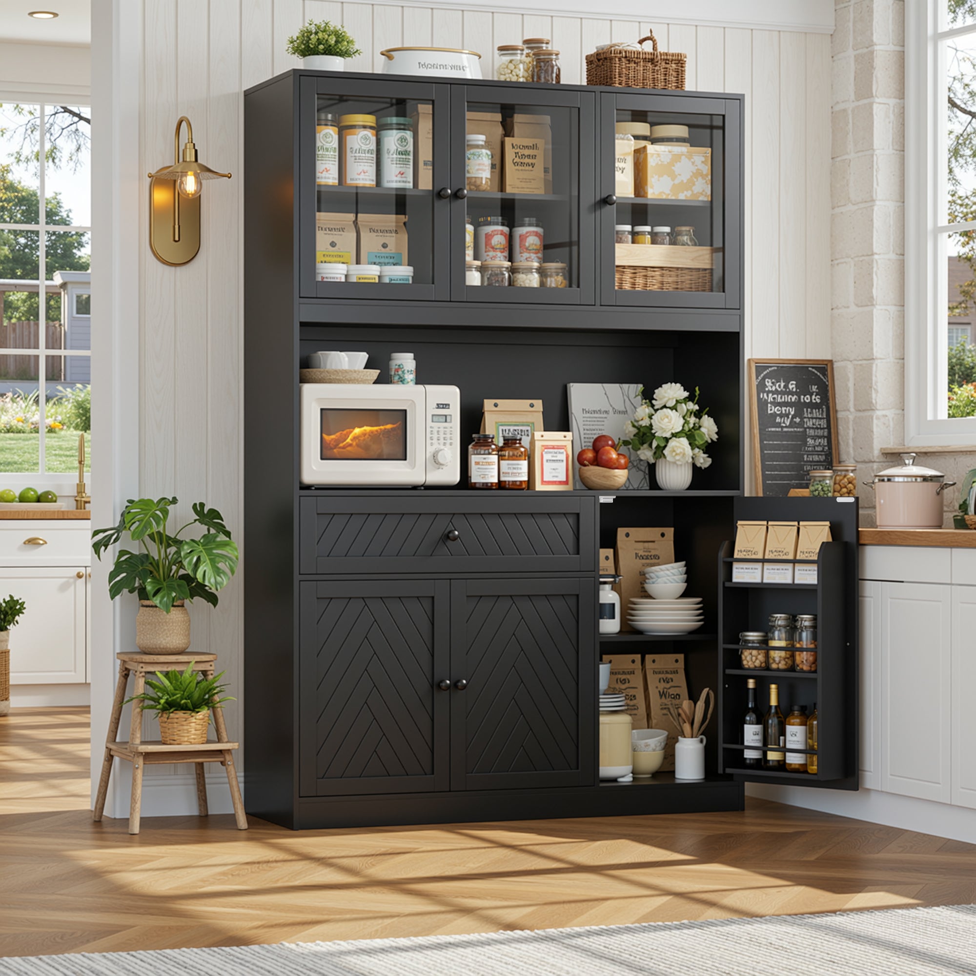 Hiphuta 72" Tall Modern Pantry Cabinet with Adjustable Shelves, Freestanding Kitchen Hutch Cabinet for Dining Room, Black