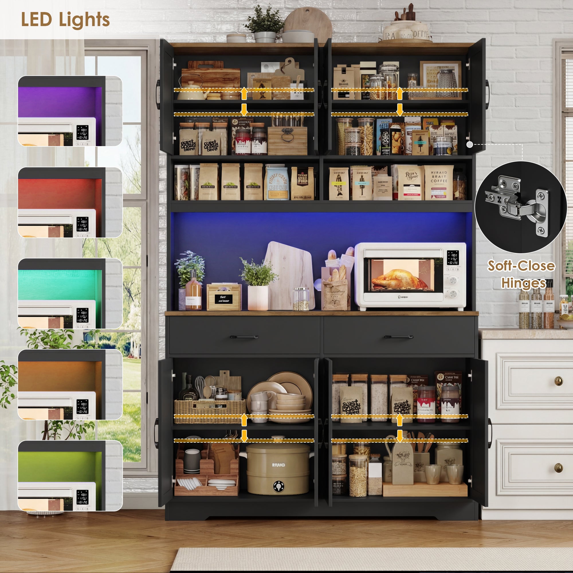 Hiphuta Farmhouse Kitchen Pantry Storage Cabinet, 75”H Freestanding Hutch with 8 Doors and 2 Drawers for Dining and Living Room, Black