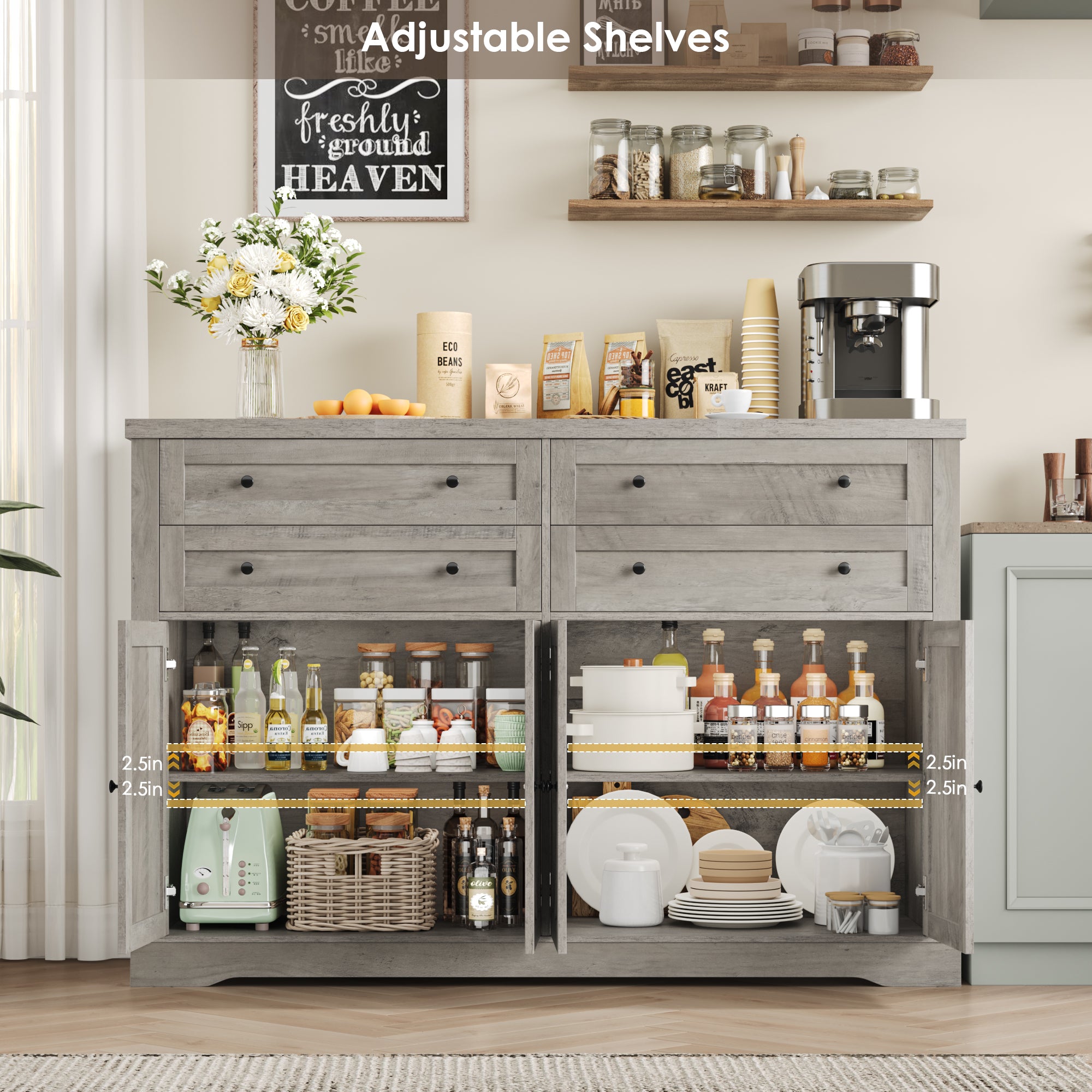 Hiphuta 55" Wide Farmhouse Buffet Storage Cabinets with 2 Adjustable Shelves & 4 Drawers for Living Room, Ash Gray