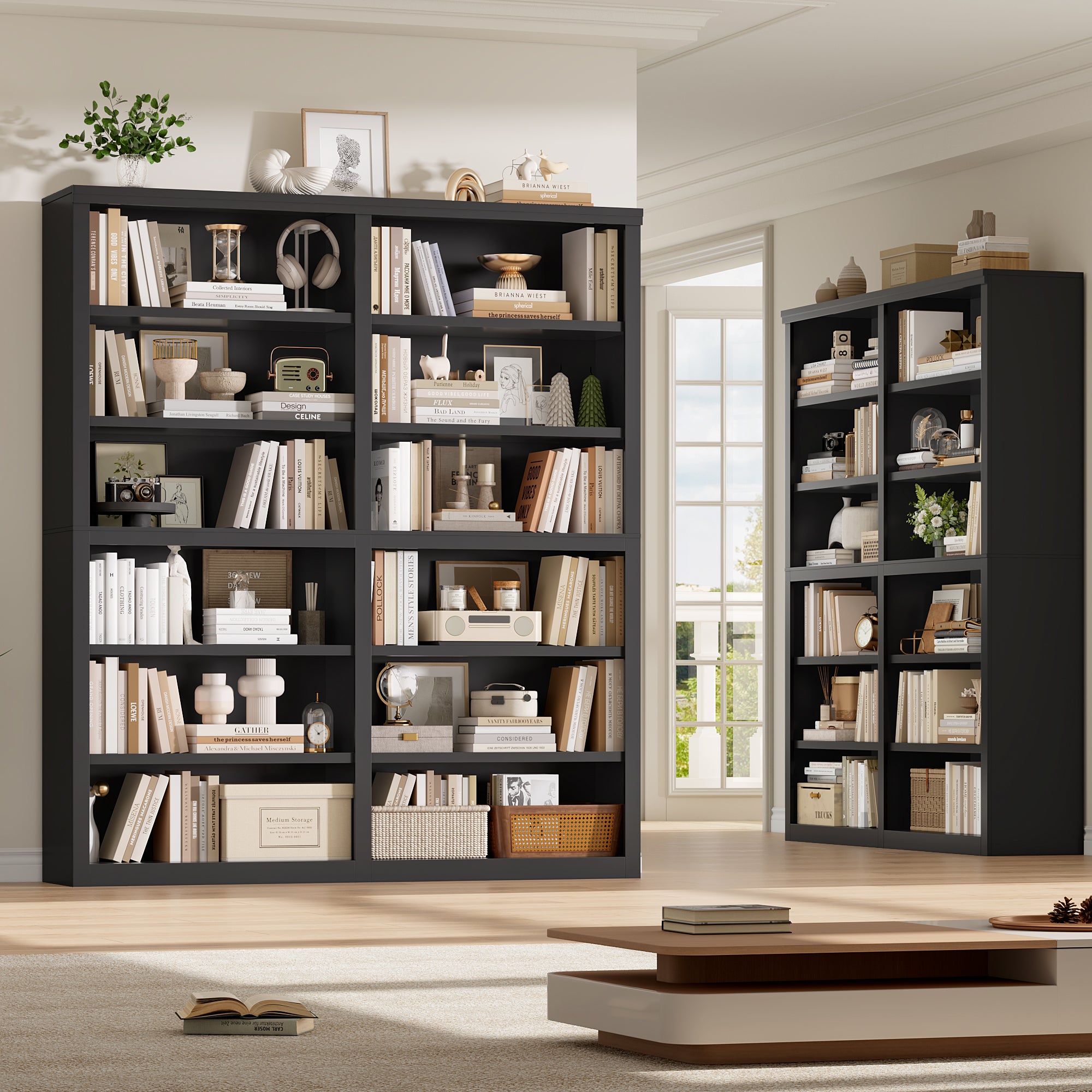 Hiphuta 63"W Extra Large and Sturdy Bookcase, Double Wide 6-Tier Bookshelf, Tall Bookcase for Home Office and Living Room, Wooden Freestanding Display Shelf, Black