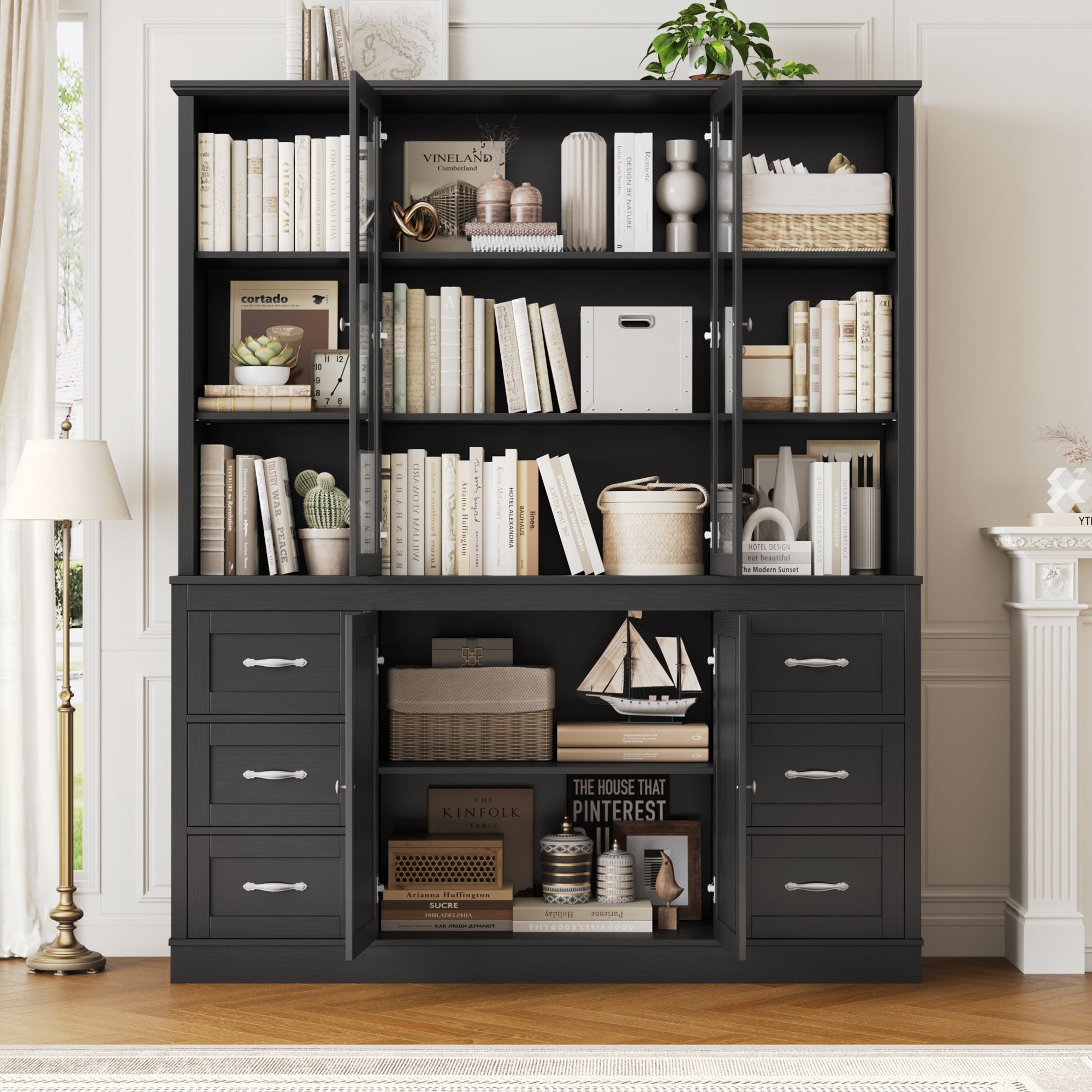 Hiphuta 74 in Tall Bookcase with 6 Drawers, Large Bookcase with Glass Door and Adjustable Shelves, Farmhouse Bookcase with Bark Texture, Black