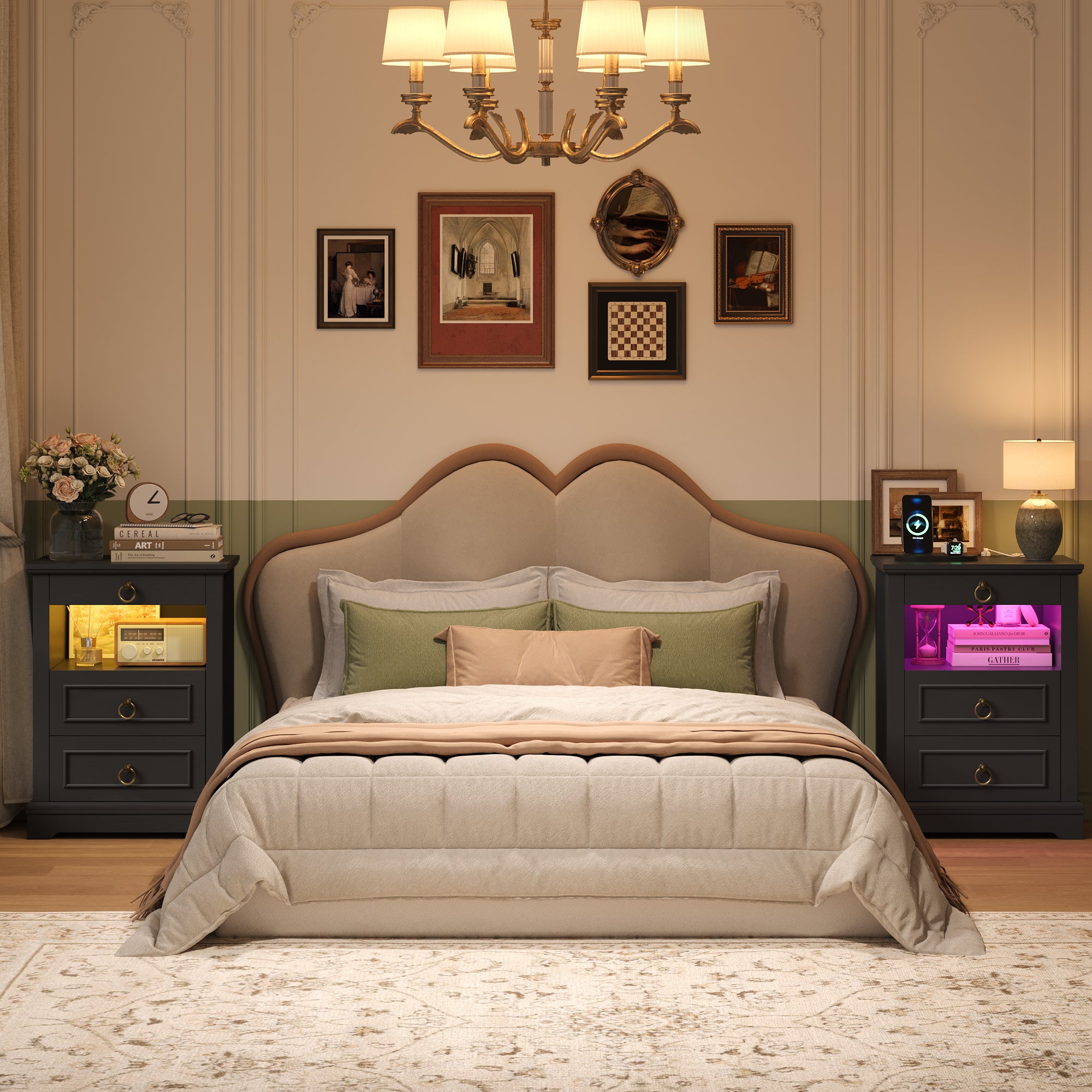 Hiphuta RGB LED Nightstands Set of 2, 3-Drawer Sofa Tables with Charging Station and Retro Handles, for Bedroom Living Room, Black