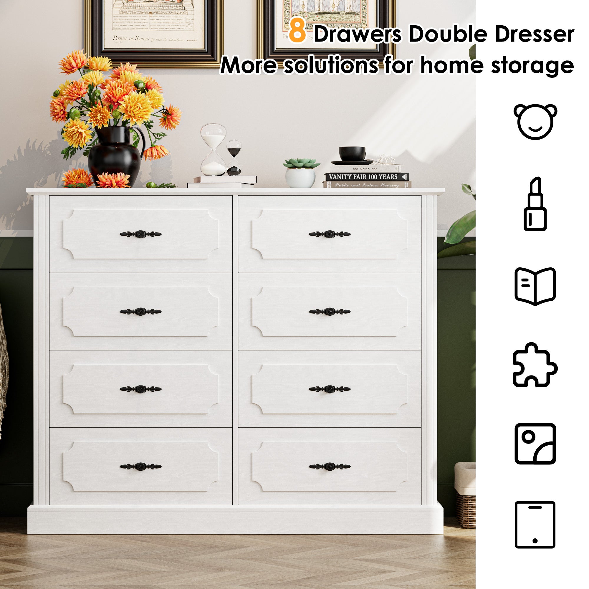 Hiphuta 47'' Wide Vintage 8 Drawer Double Dresser, Chest of Drawers for Bedroom, White