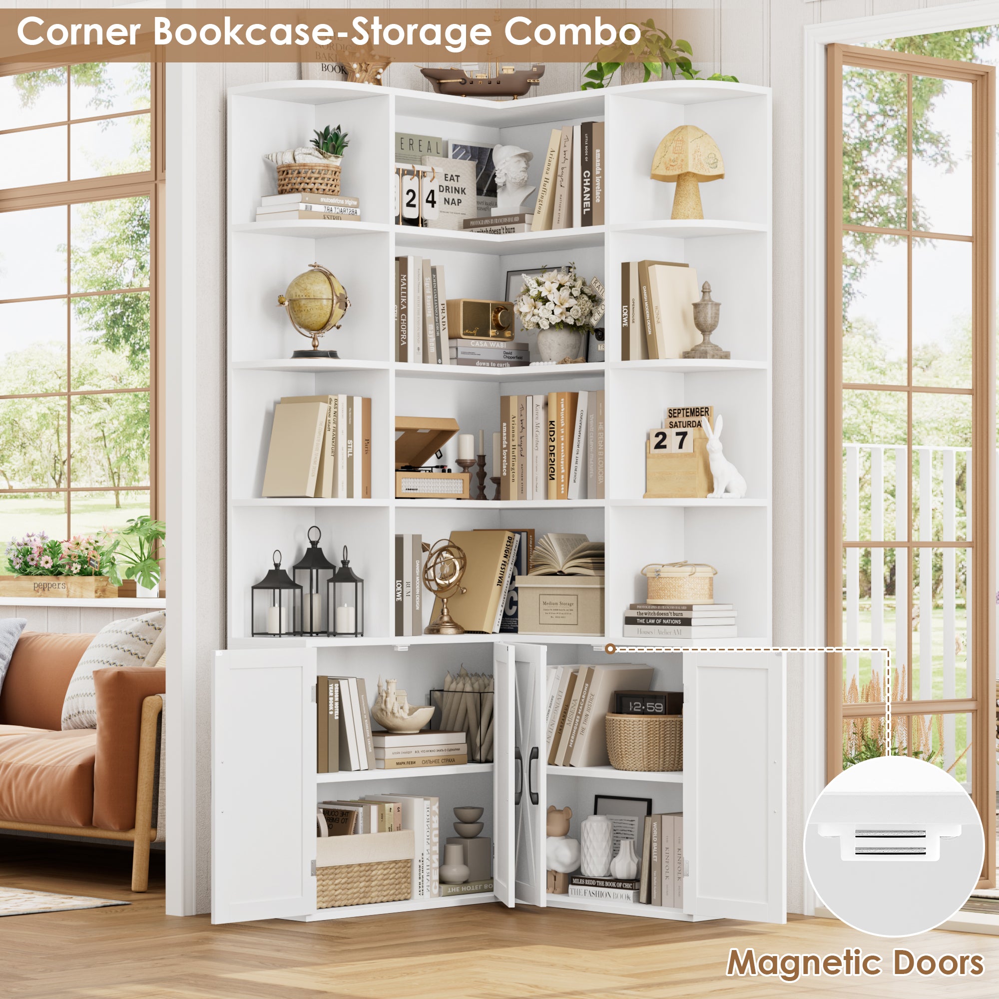 Hiphuta 74" Tall 6 Tier Corner Bookcase with 4 Doors, 31" Wide Farmhouse Large Corner Bookcase with Curved Edges, L Shaped Bookshelf for Office Living Room, White
