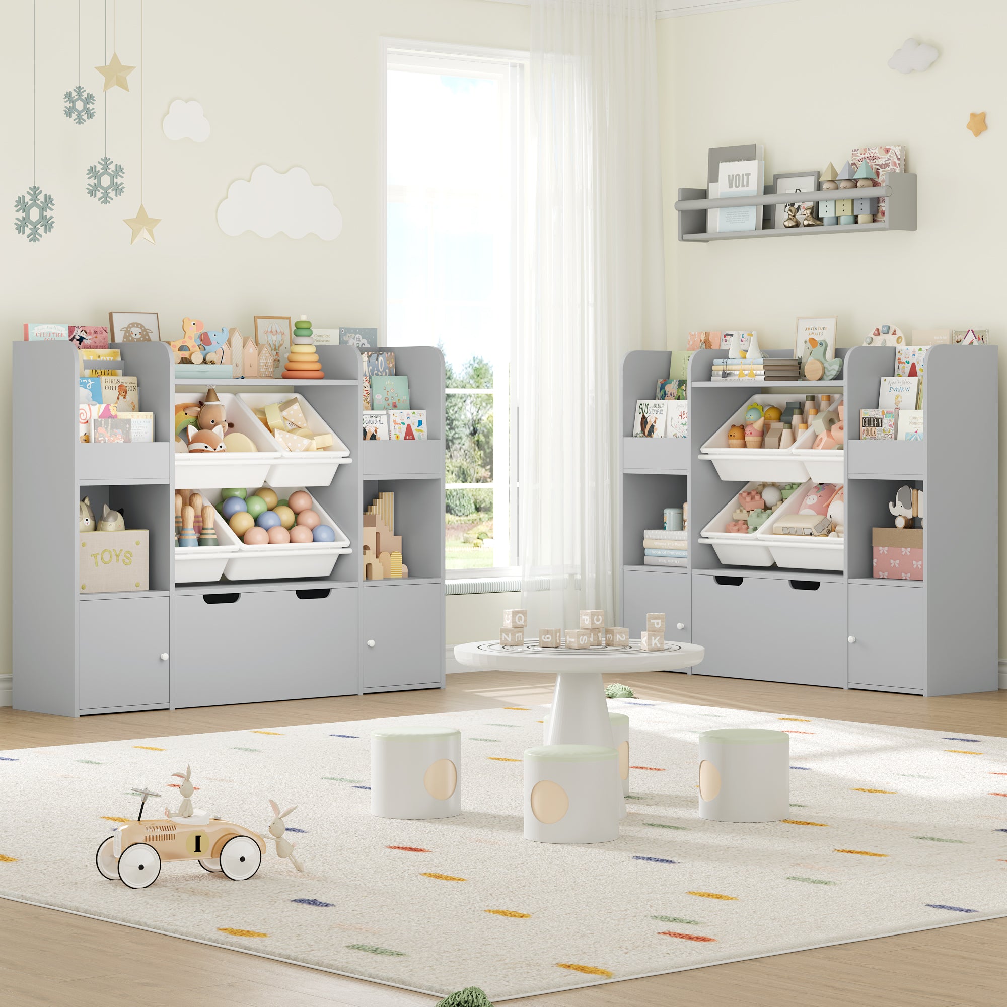 Hiphuta Kid Storage Toy Organizer, Wood Toy Storage Organizer with 4 Toy Boxes, Kids Bookcase with Book Rack, Gray