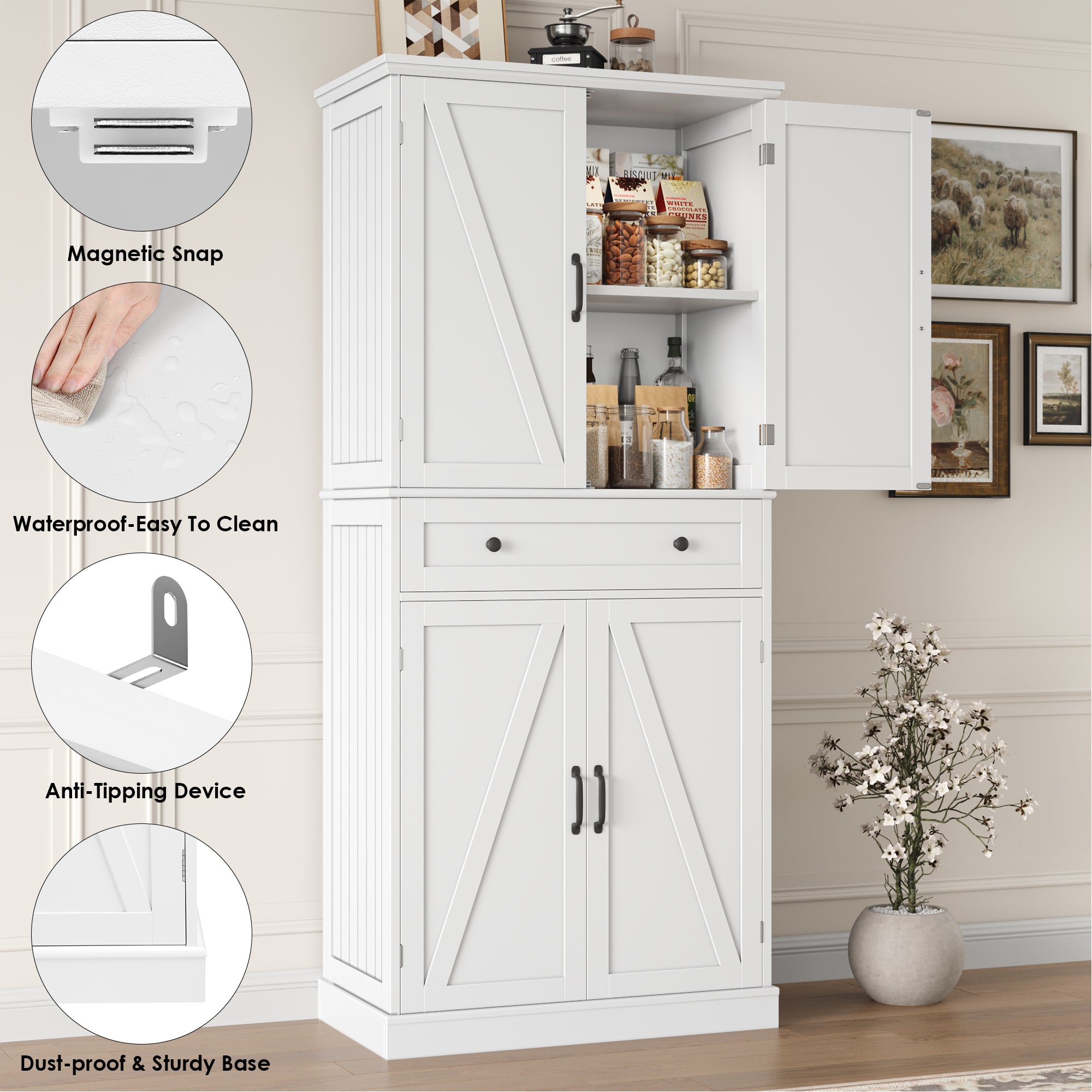 Hiphuta 71"Tall Farmhouse Kitchen Pantry Storage Cabinet with Barn Doors & Drawer, Freestanding Wood Cupboard, White